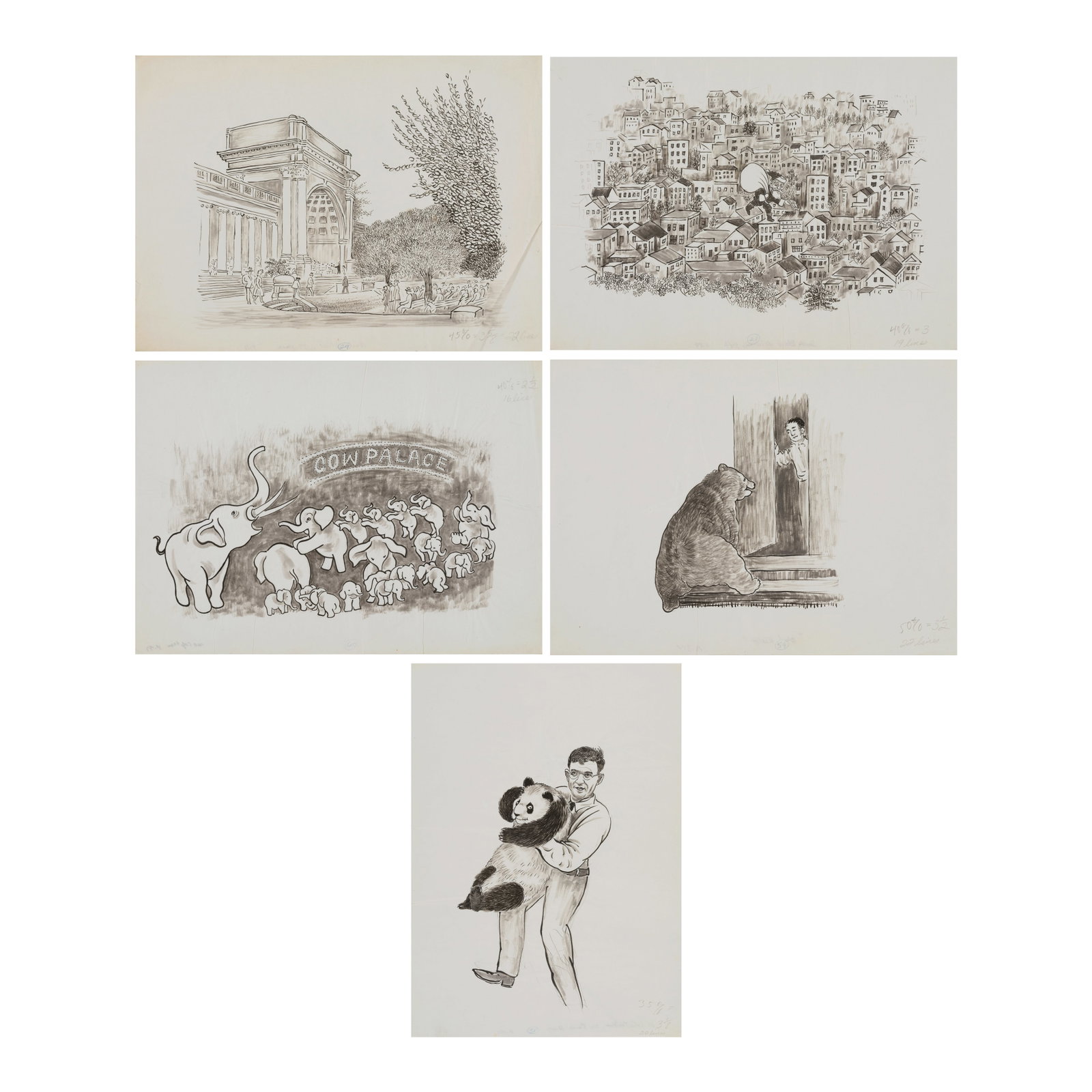 CHIANG YEE (JIANG YI, 1903-1977) Original artwork from The Silent Traveller in San Francisco, 19...: CHIANG YEE (JIANG YI, 1903-1977) Original artwork from The Silent Traveller in San Francisco, 1964 Fifty-nine illustrations, ink on paper, including views of San Francisco and the surrounding area; to