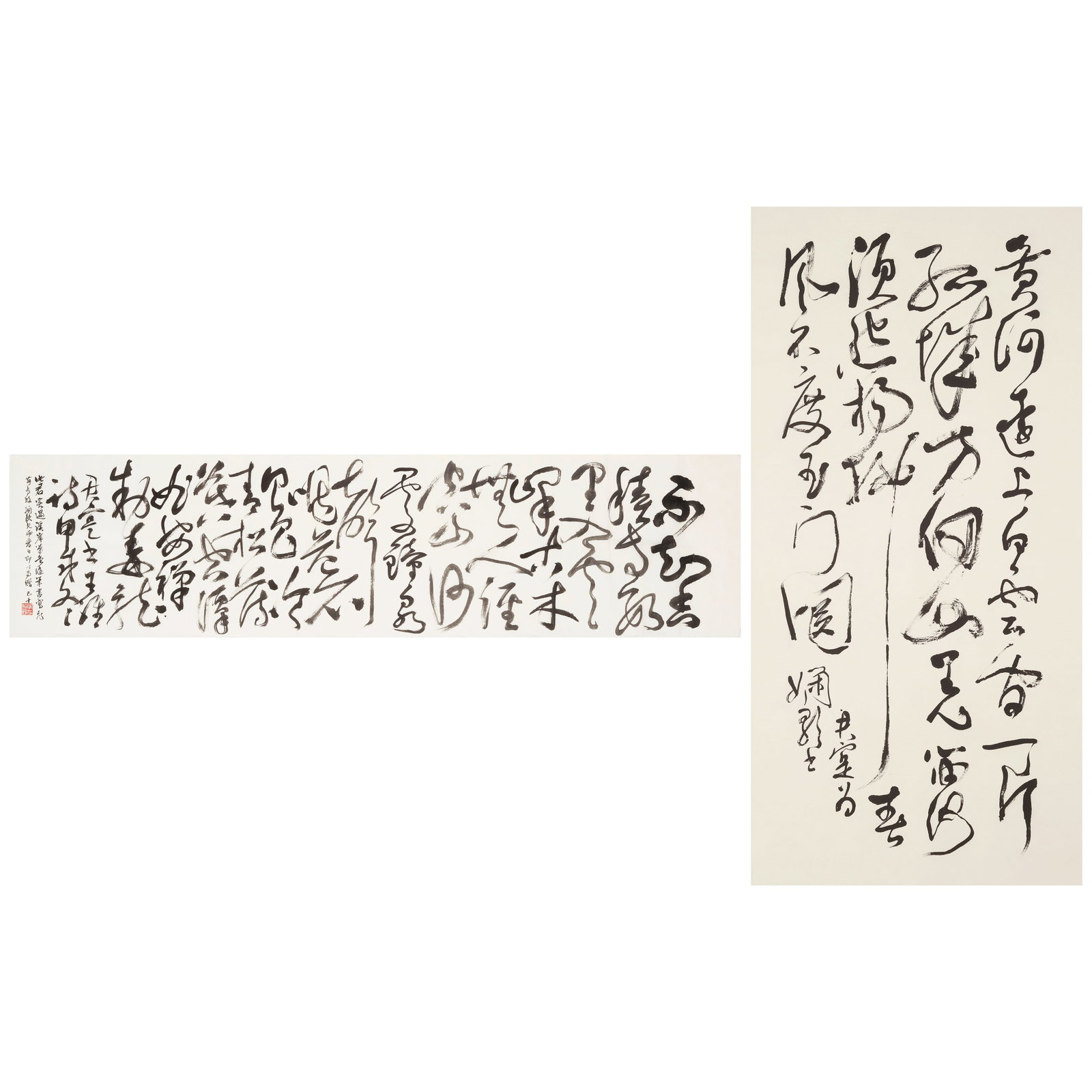 KWAN S. WONG (HUANG JUNSHI, 1934-2026) Calligraphy in Cursive Script, one for Yien-koo King, 19...: KWAN S. WONG (HUANG JUNSHI, 1934-2026) Calligraphy in Cursive Script, one for Yien-koo King, 1987 Horizontal: with an inscription by C.C. Wang, dedicated to Yien-koo King; unmounted, ink on paper; Ver