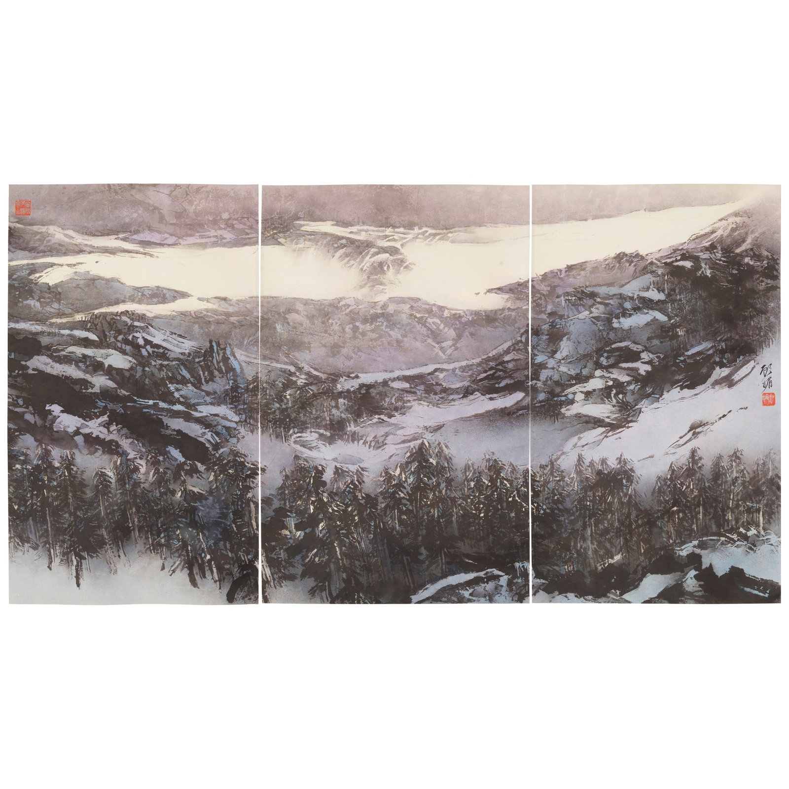 KOO MEI (GU MEI, BORN 1929) Landscape (Triptych) (3): KOO MEI (GU MEI, BORN 1929) Landscape (Triptych) Three hanging scrolls, ink and color on paper, signed by the artist Gu Mei, with two artist's seals. 32 3/4 x 19 1/4in (83.2 x 48.9cm), each (3). Footn