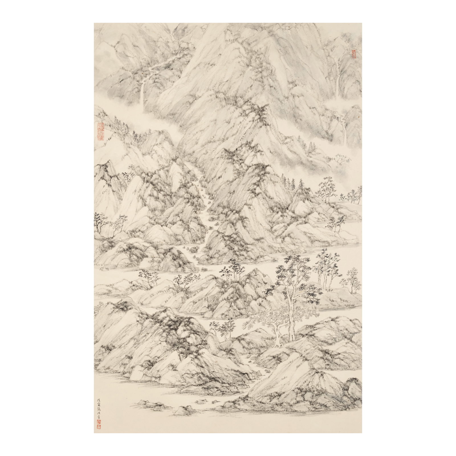 ARNOLD CHANG (ZHANG HONG, BORN 1954) Meander Series: Streams, 1998: ARNOLD CHANG (ZHANG HONG, BORN 1954) Meander Series: Streams, 1998 Hanging scroll, ink on paper, inscribed by the artist and dated wuyin, and signed Zhang Hong with four artist's seals. 37 x 24 1/4in 