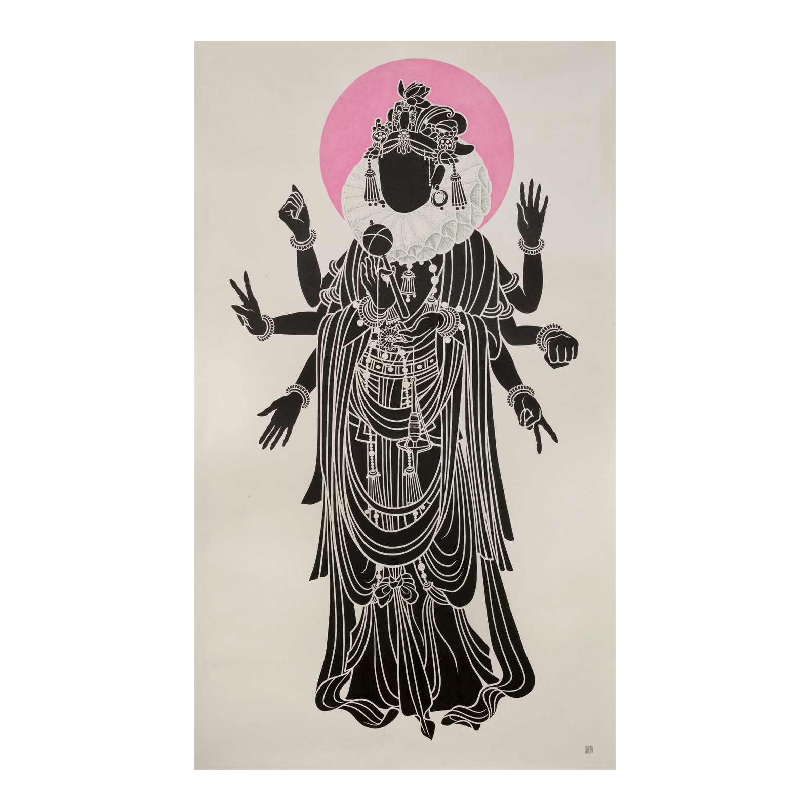 ANNYSA NG (BORN 1963) Predestination : Randomness II, 2016: ANNYSA NG (BORN 1963) Predestination : Randomness II, 2016 Ink and color on paper, mounted for framing, with an artist's seal. 72 x 38in (182.8 x 96.5 cm) Footnotes: With one pair of arms holding the 