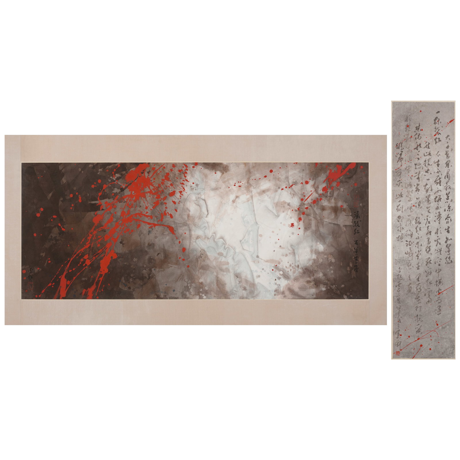 LI CHIU (BORN 1957) Splashed Crimson-The Rebel Bodhisattva, 2026 (2): LI CHIU (BORN 1957) Splashed Crimson-The Rebel Bodhisattva, 2026 A diptych, painting and calligraphy, each ink and color on paper, mounted and laid onto board, inscribed by the artist, the painting si