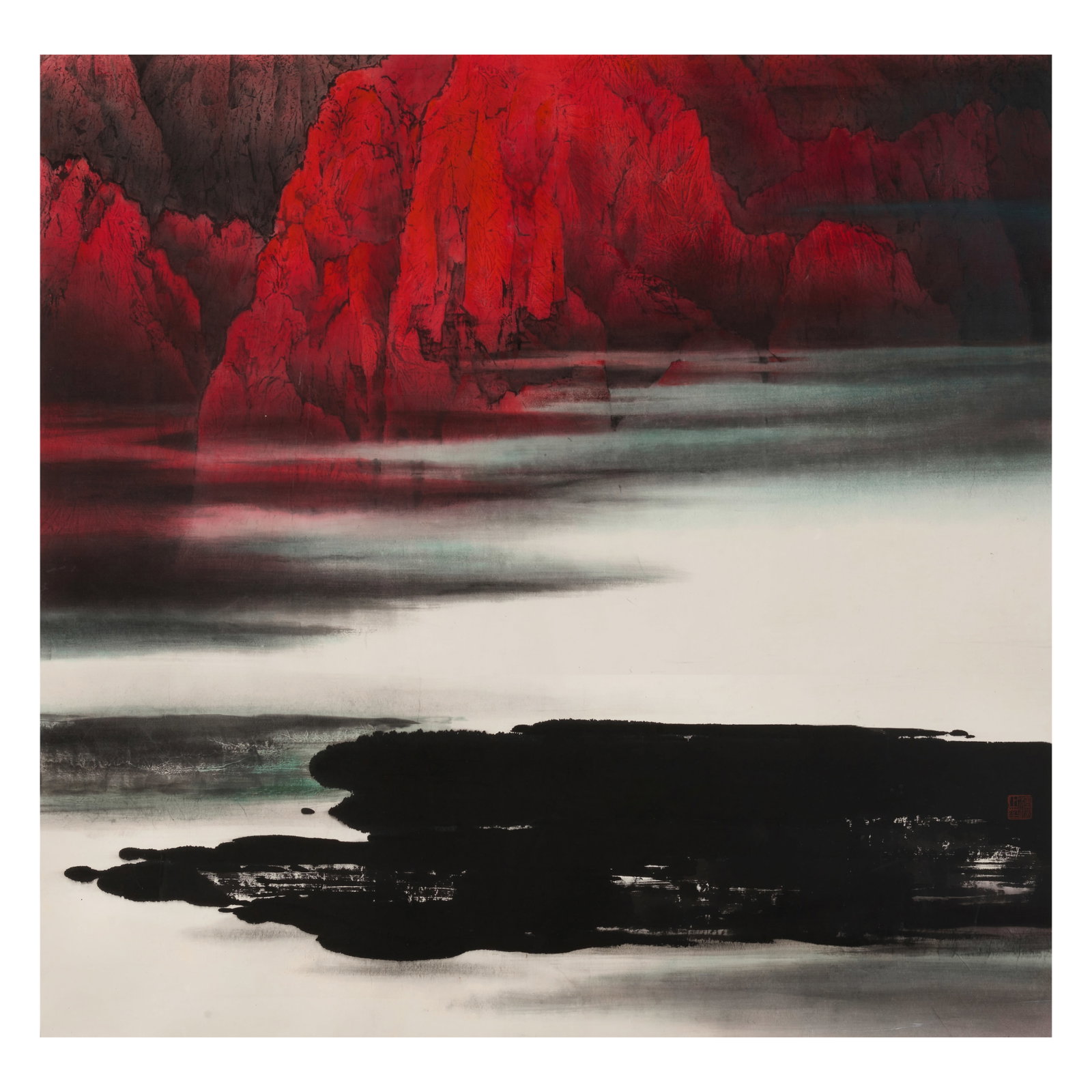 KWOK HON-SUM (GUO HANSHEN, 1947-2004) Landscape: KWOK HON-SUM (GUO HANSHEN, 1947-2004) Landscape Ink and color on paper, matted, framed and glazed, with one artist's seal. 47 3/4 x 49in (121 x 124.5cm) Footnotes: 郭漢深（1947