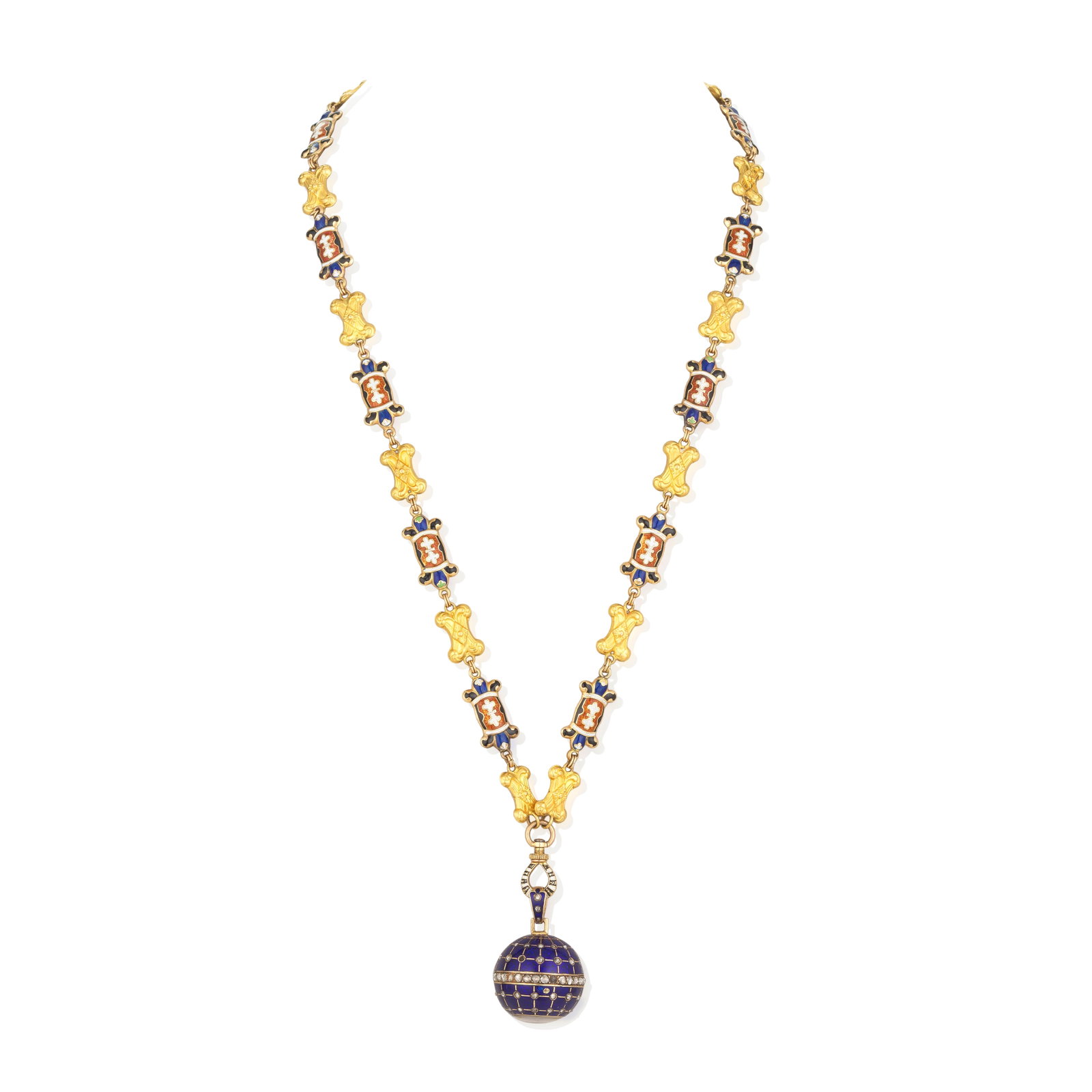 ENAMEL AND DIAMOND FOB WATCH AND ENAMEL GUARD CHAIN, CIRCA 1900: ENAMEL AND DIAMOND FOB WATCH AND ENAMEL GUARD CHAIN, CIRCA 1900 The spherical watch pendant with blue guilloché enamel and rose-cut diamonds throughout, to an elaborate longchain with scrolled