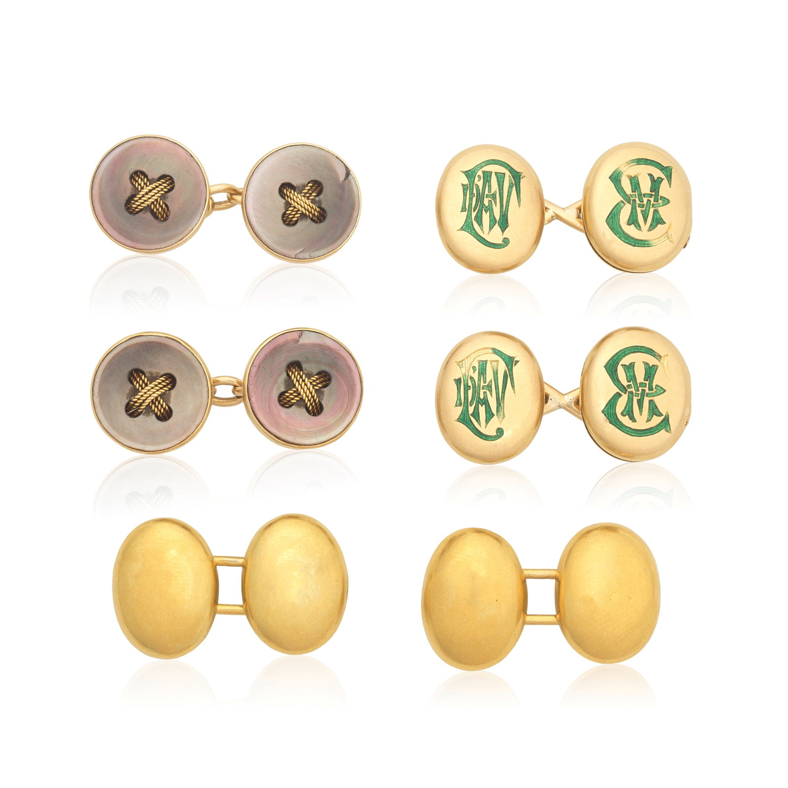 THREE PAIRS OF CUFFLINKS, CIRCA 1900: THREE PAIRS OF CUFFLINKS, CIRCA 1900 1st: Double-sided, each oval plaque monogrammed in green enamel, two designed as a locket, opening to reveal a glazed compartment, 2nd: Double-sided, of highly pol