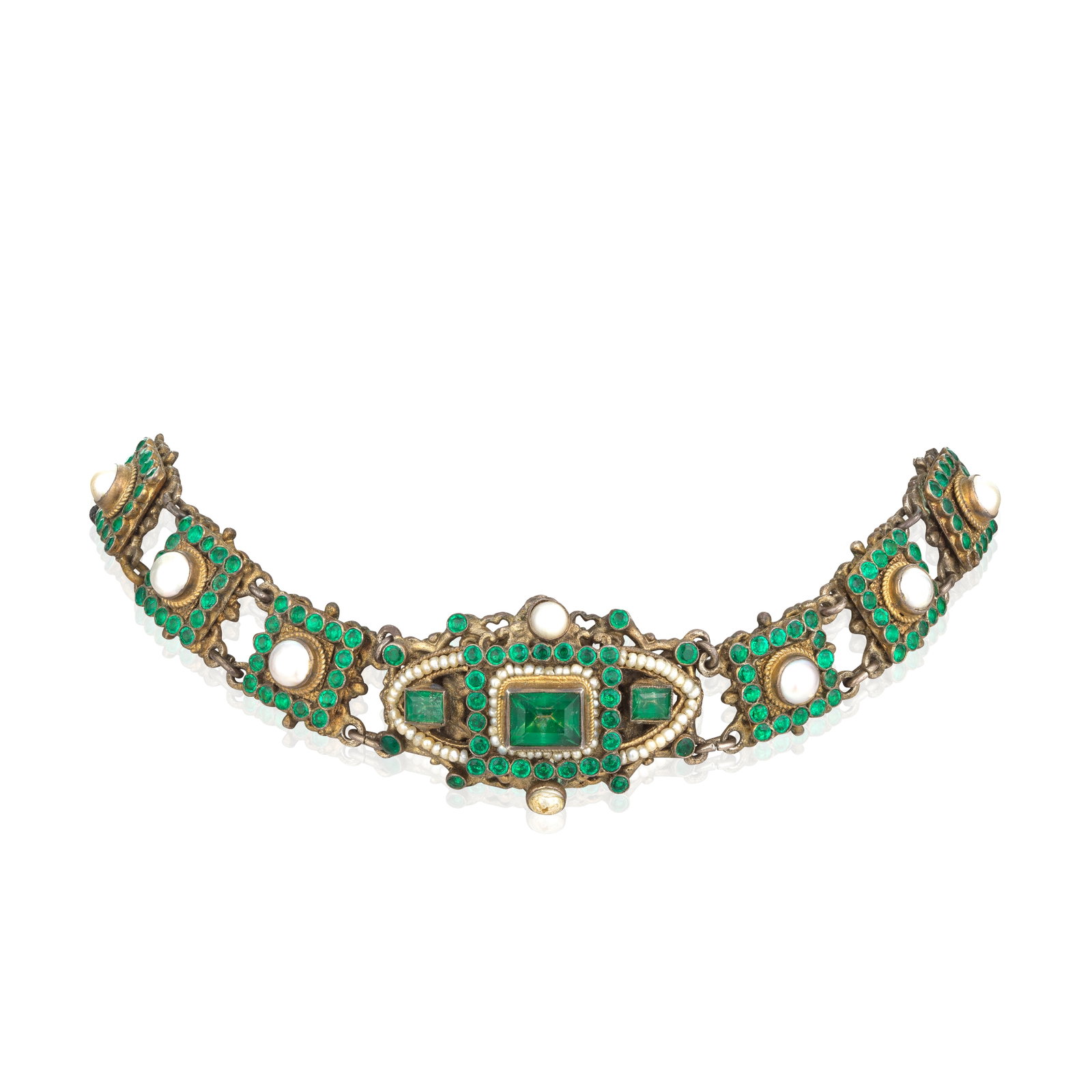 PASTE AND PEARL CHOKER/NECKLACE, LATE 19TH CENTURY: PASTE AND PEARL CHOKER/NECKLACE, LATE 19TH CENTURY The front and clasp set with green paste, seed and half pearls, pearls untested, length 29.0cm Footnotes: Jewellery From a Private Collection Lots 1