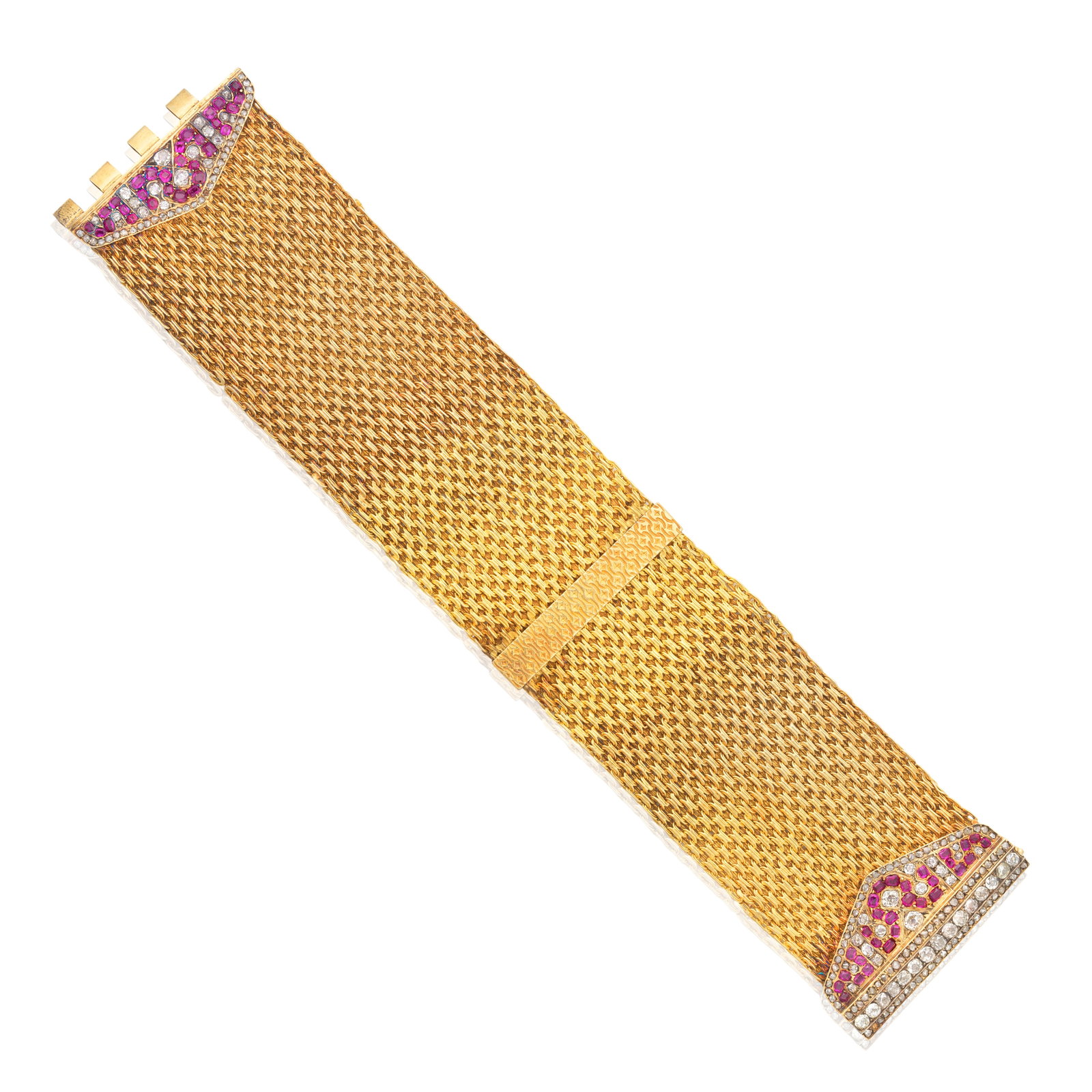 RUBY AND DIAMOND BRACELET, MID 19TH CENTURY: RUBY AND DIAMOND BRACELET, MID 19TH CENTURY The clasp set with cushion and rose-cut diamonds, accented by cushion-cut rubies, to a bracelet of woven-linking, mounted in gold, French assay marks, parti