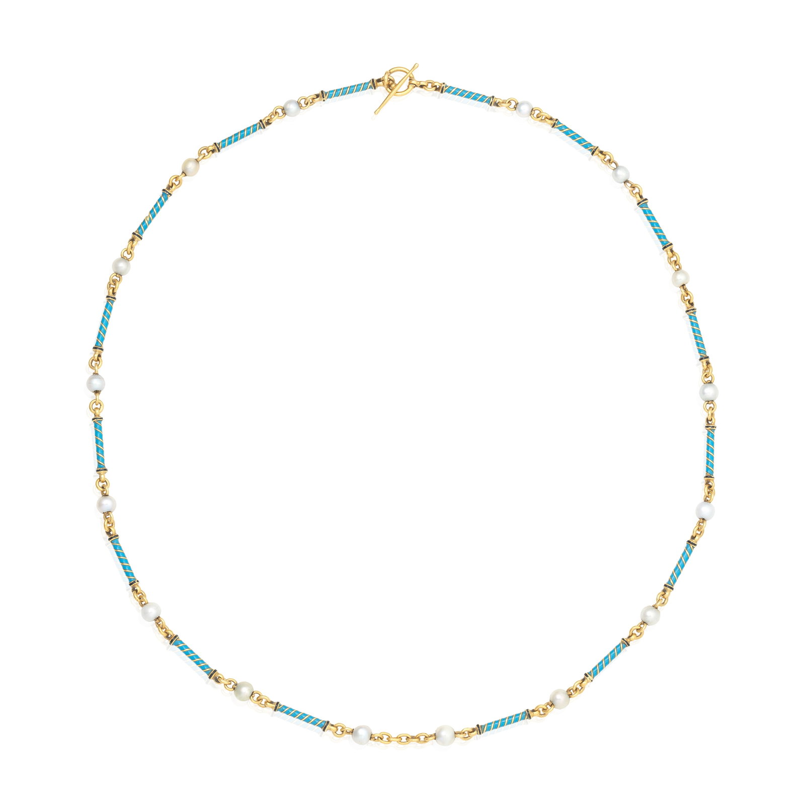 ENAMEL AND PEARL CHAIN, CIRCA 1880: ENAMEL AND PEARL CHAIN, CIRCA 1880 Composed of turquoise enamel batons, alternating with pearls on trace-linking, mounted in gold, unsigned, length 38.9cm Footnotes: For a similar example by Carlo