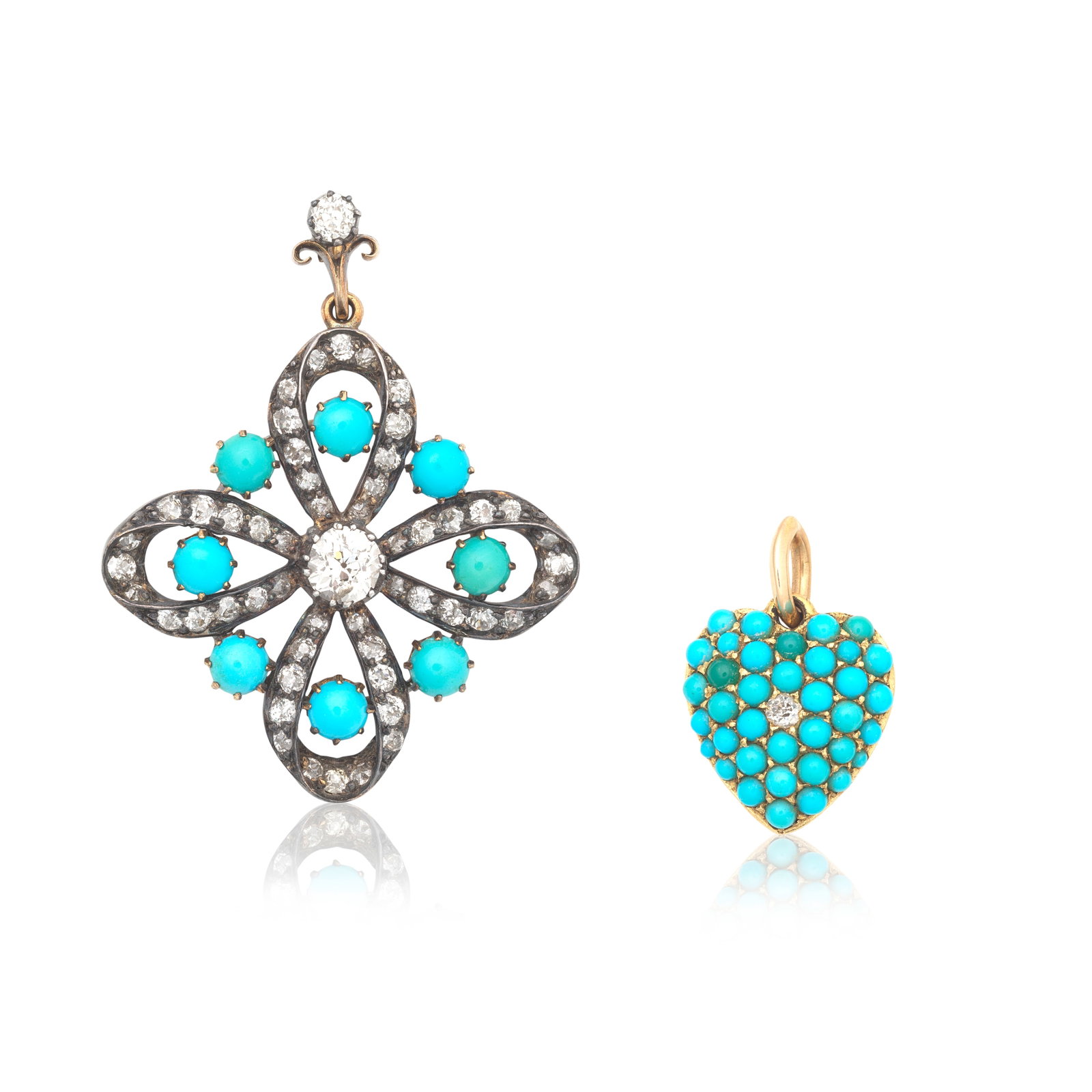 TWO TURQUOISE AND DIAMOND-SET PENDANTS (2): TWO TURQUOISE AND DIAMOND-SET PENDANTS 1st: Designed as a heart, set with turquoise cabochons and an old cushion-cut diamond, inscribed to reverse FAITH.HOPE.LOVE, 2nd: Of openwork design, set with