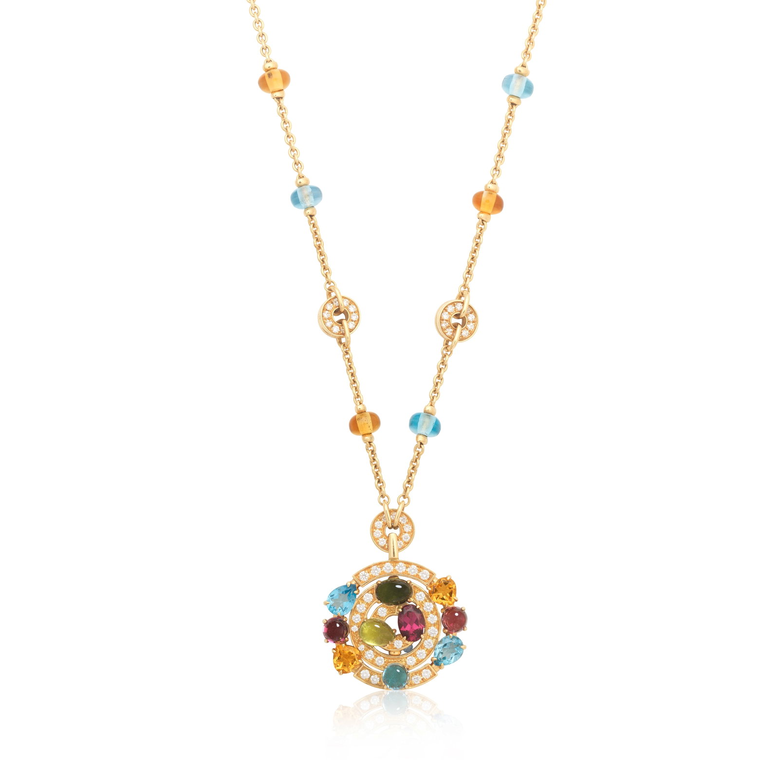 BULGARI: GEM-SET AND DIAMOND 'ASTRALE' NECKLACE: BULGARI: GEM-SET AND DIAMOND 'ASTRALE' NECKLACE The openwork pendant of concentric design, set throughout with brilliant-cut diamonds and cabochon, pear, heart and oval-cut tourmaline, citrine and top