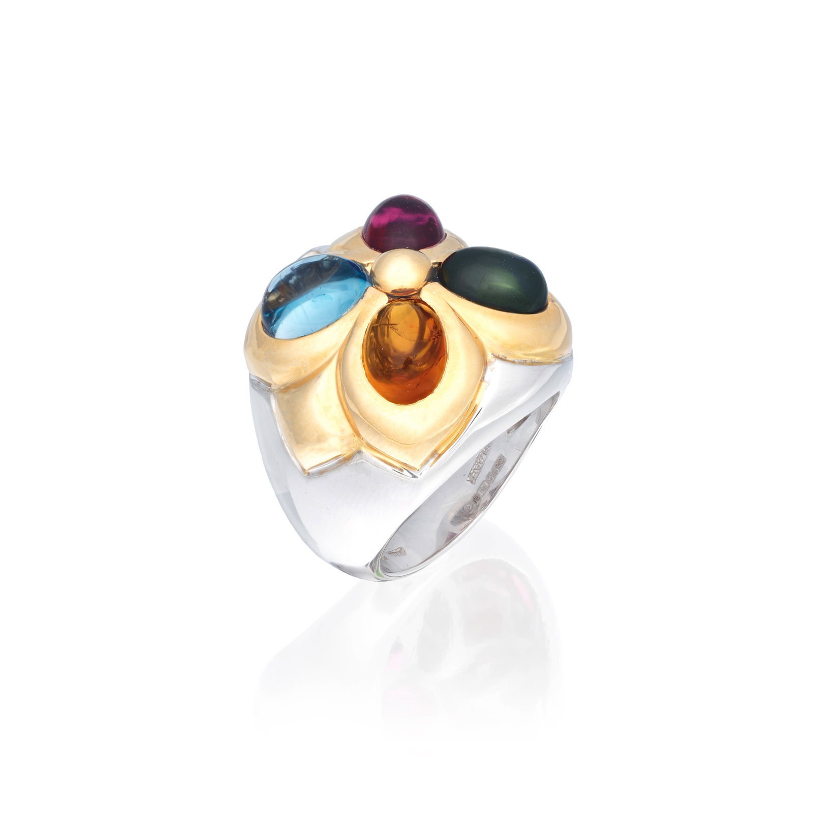 BULGARI: 'ALLEGRA' GEM-SET RING, 2001: BULGARI: 'ALLEGRA' GEM-SET RING, 2001 The oval topaz, tourmaline and citrine cabochons forming a quatrefoil, mounted in 18 carat bi-coloured gold, signed Bulgari, maker's mark SB, London hallmark, rin