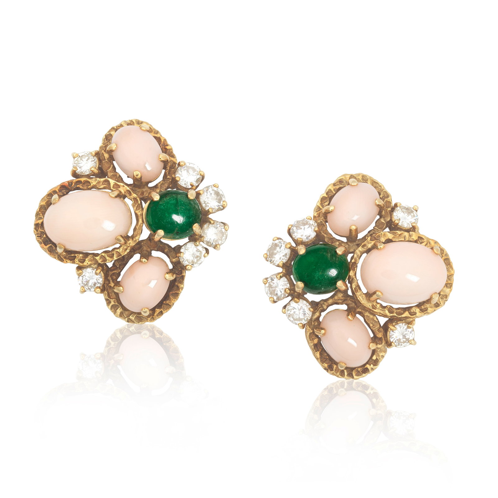 CORAL, EMERALD AND DIAMOND-SET EARCLIPS, CIRCA 1975 (1 of 1)