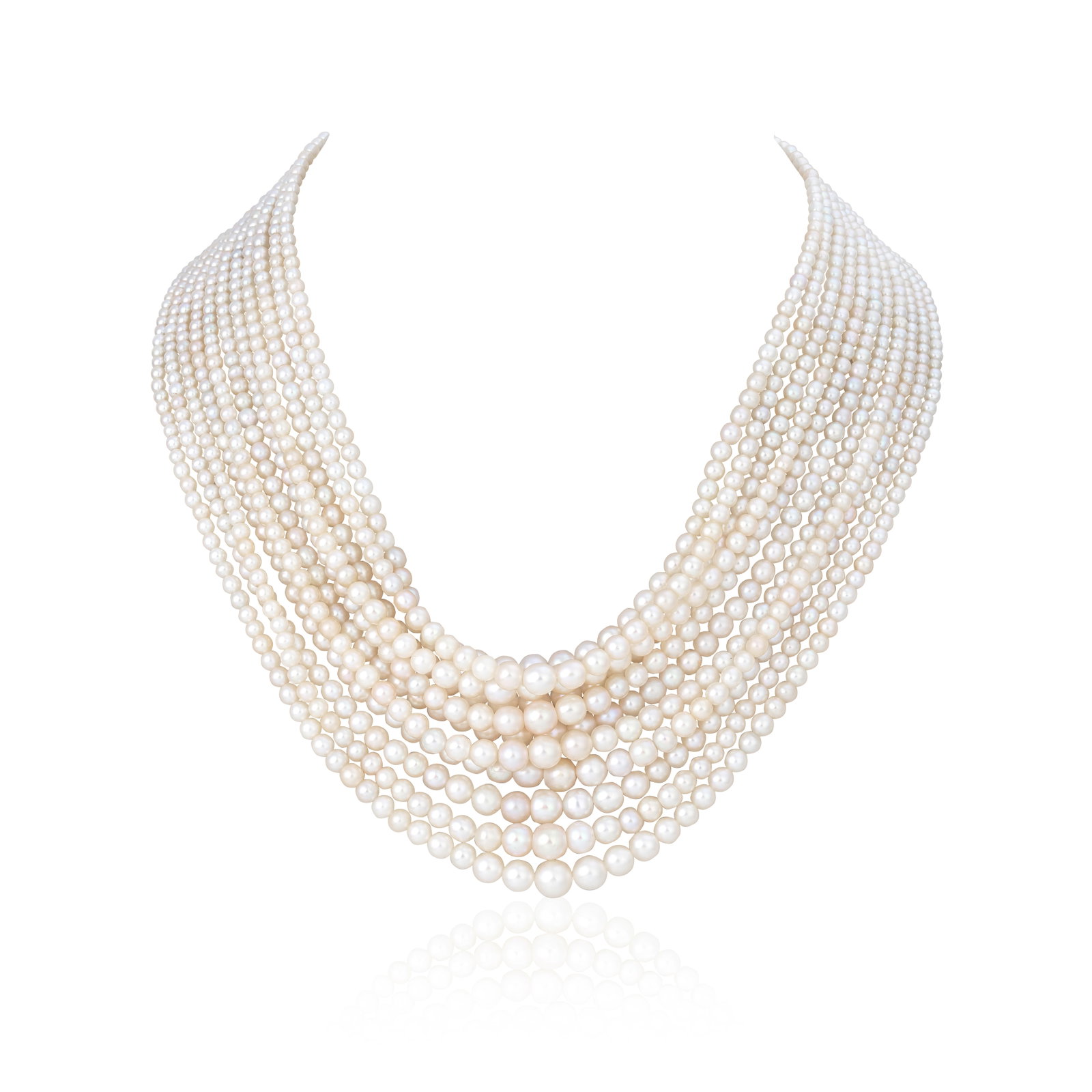 NATURAL PEARL NECKLACE: NATURAL PEARL NECKLACE The eleven rows of graduating natural pearls, length of shortest row approx. 32.0cm Footnotes: GCS: Natural nacreous pearls (saltwater), no indications of treatment. Report