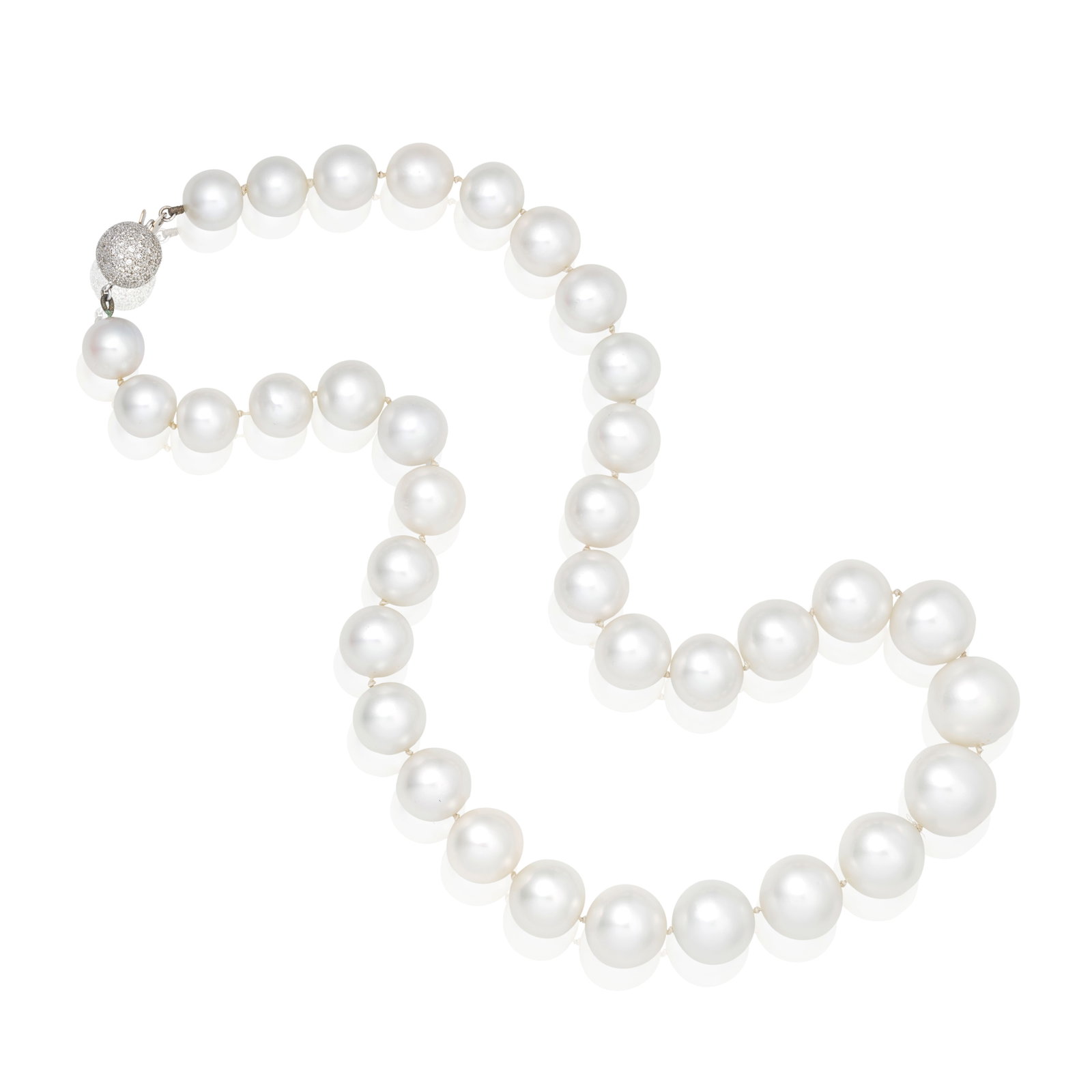 CULTURED PEARL NECKLACE WITH DIAMOND-SET CLASP: CULTURED PEARL NECKLACE WITH DIAMOND-SET CLASP The 10.3 - 15.2mm cultured pearls graduating inwardly in size, to a brilliant-cut diamond set clasp, diamonds approx. 0.50ct total, length 46.0cm For