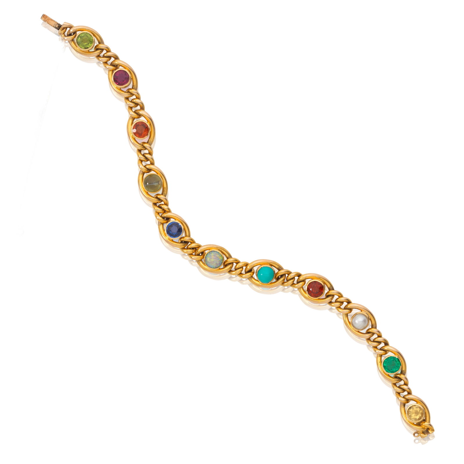 MULTI GEM-SET BRACELET, CIRCA 1900: MULTI GEM-SET BRACELET, CIRCA 1900 Each link set with vari-coloured gemstones, including peridot, ruby, garnet, cat's-eye chrysoberyl, sapphire, opal, turquoise, citrine, seed-pearl, emerald and