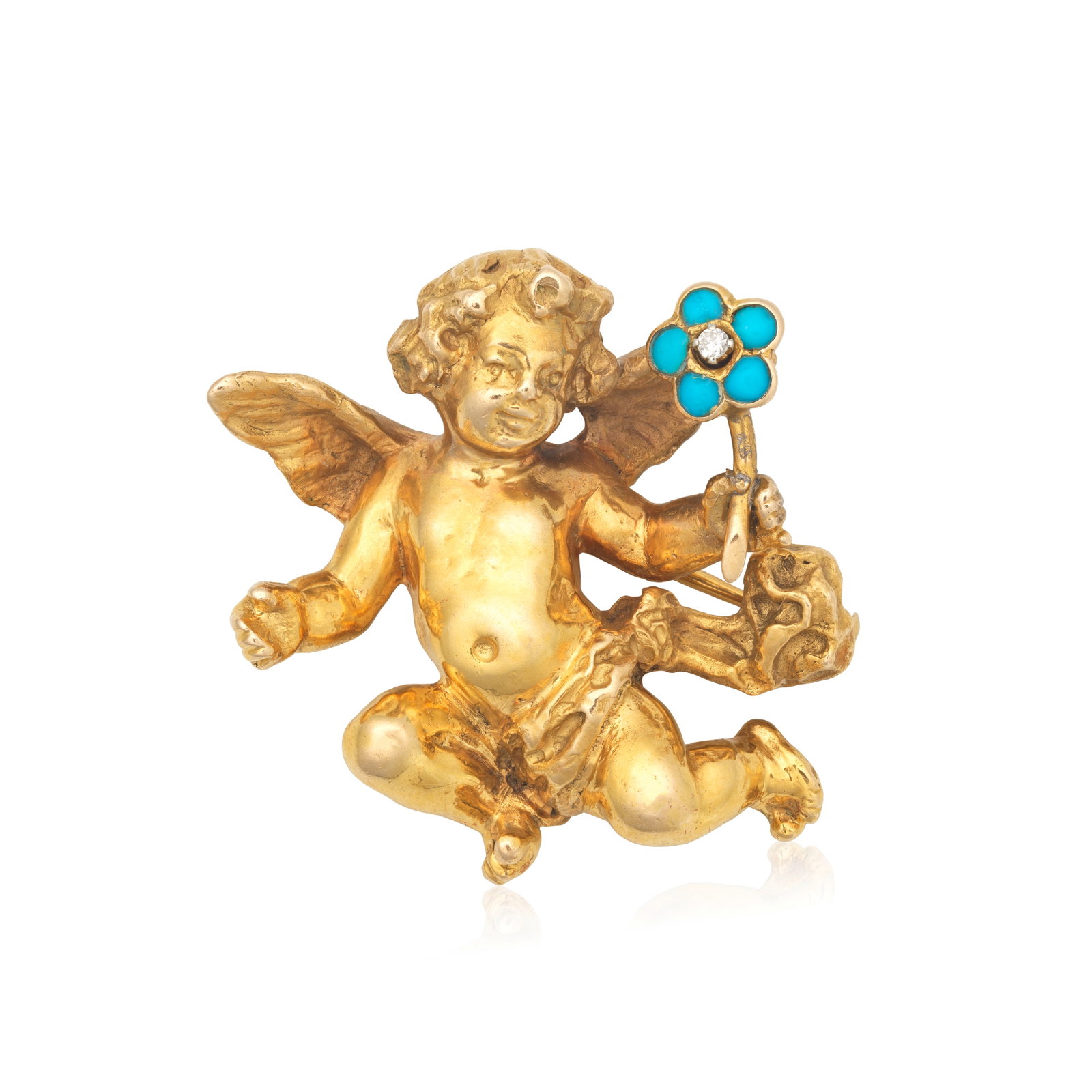RETAILED BY PALTSCHO: TURQUOISE AND DIAMOND-SET CHERUB BROOCH, MID 20TH CENTURY: RETAILED BY PALTSCHO: TURQUOISE AND DIAMOND-SET CHERUB BROOCH, MID 20TH CENTURY Modelled as a cherub, holding a turquoise and diamond-set flower, partially struck maker's mark possibly for Josef