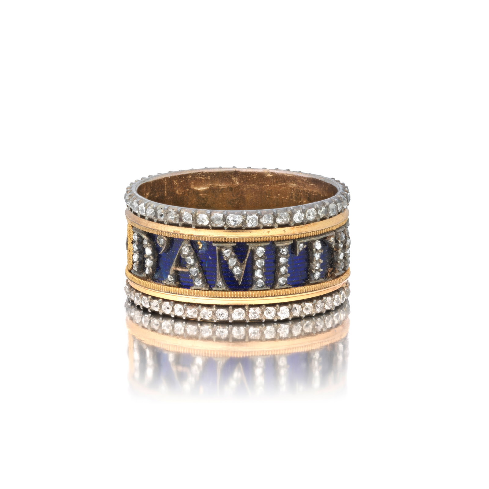 ENAMEL AND DIAMOND RING, CIRCA 1830: ENAMEL AND DIAMOND RING, CIRCA 1830 The rose-cut diamonds reading 'GAGE D'AMITIÉ', 'token of friendship', between two similarly set bands, on a blue enamel ground, with cannetille accents, some