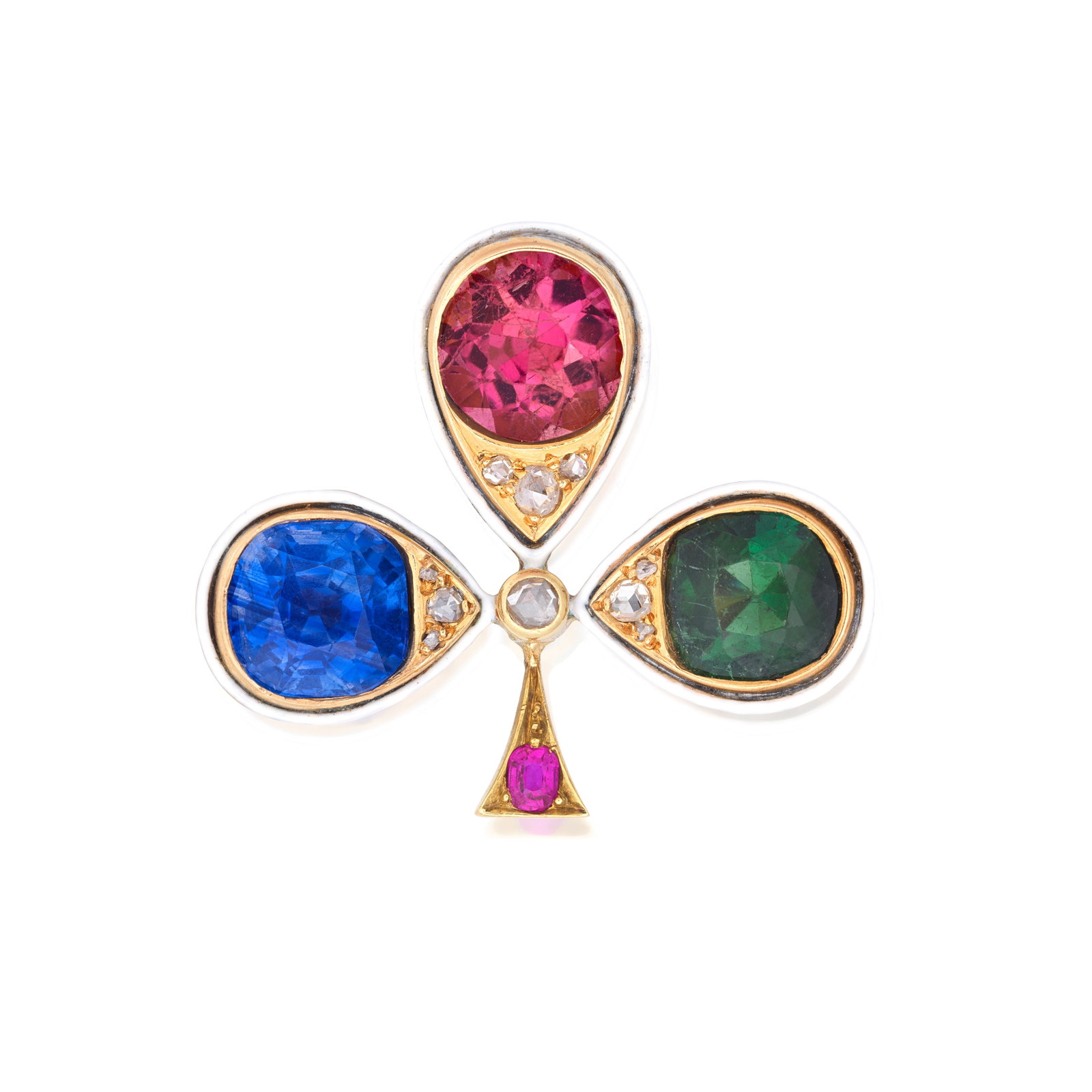 SAPPHIRE, TOURMALINE, DIAMOND AND ENAMEL CLOVER BROOCH, CIRCA 1900 (1 of 1)