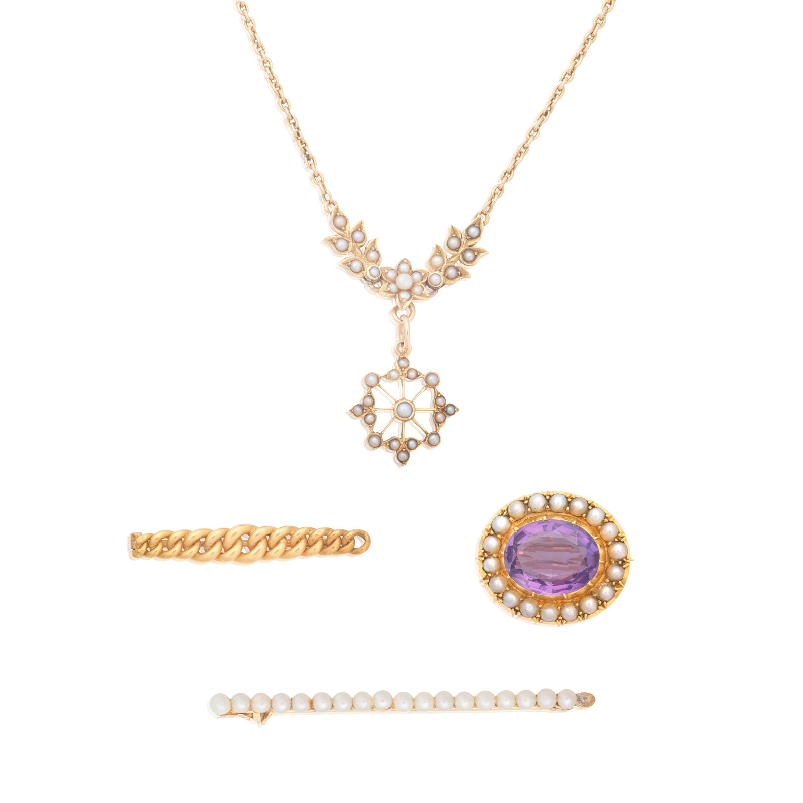 THREE BROOCHES AND A NECKLACE, CIRCA 1900: THREE BROOCHES AND A NECKLACE, CIRCA 1900 1st: Brooch of curb link design, 2nd: brooch set with a continuous row of seed pearls, 3rd: brooch set with oval-cut amethyst to a seed pearl border, 4th: nec