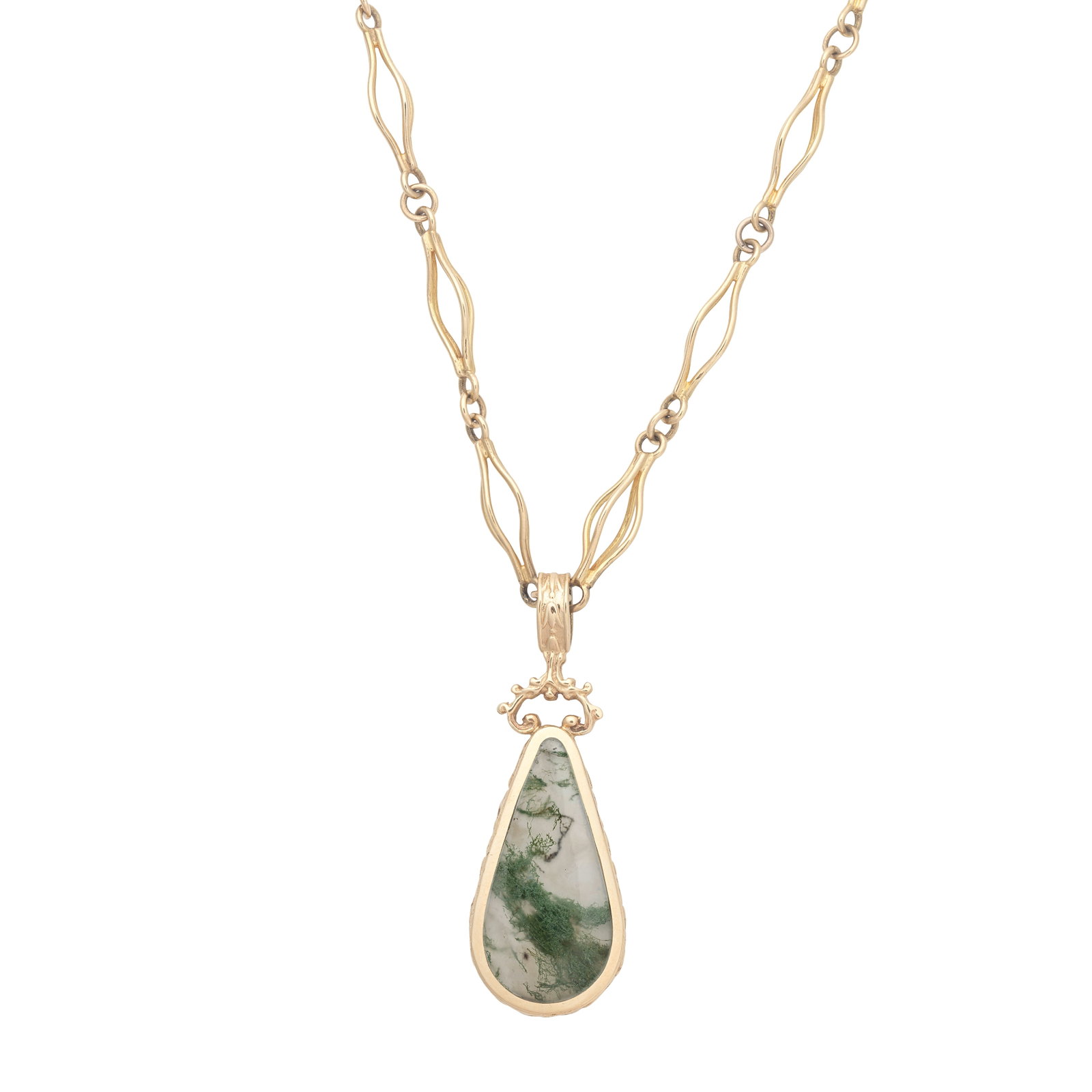 AGATE NECKLACE, CIRCA 1900: AGATE NECKLACE, CIRCA 1900 The pendant set with dendritic agate to one side, banded agate to verso, within a carved scroll mount, suspended from a fancy open-link chain, lengths: pendant 5.3cm, chain