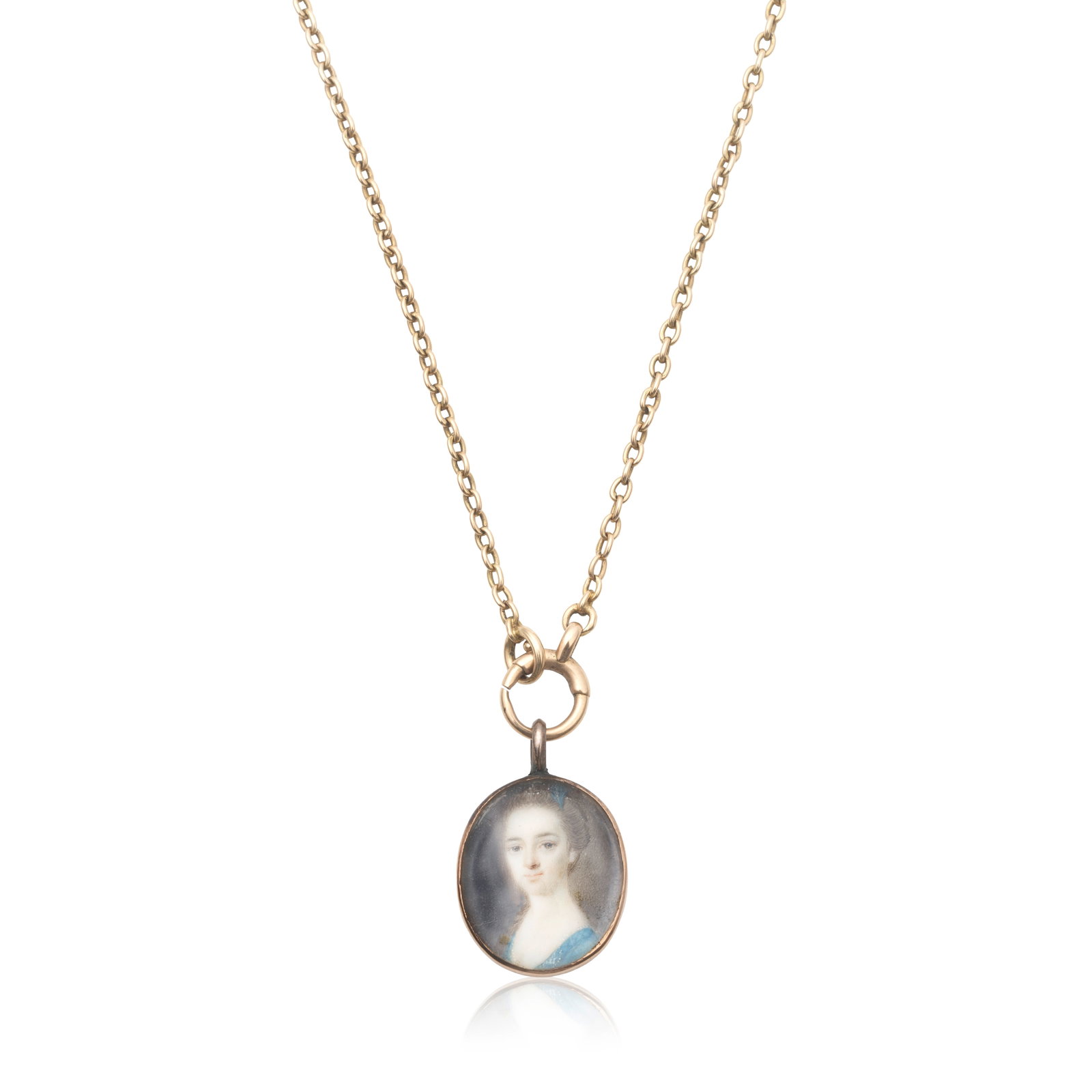 LATE 18TH CENTURY PORTRAIT MINIATURE PENDANT AND LATER SEED PEARL LONGCHAIN: LATE 18TH CENTURY PORTRAIT MINIATURE PENDANT AND LATER SEED PEARL LONGCHAIN The portrait miniature depicting a lady wearing a blue dress (circle of Ozias Humphry, British, 1742-1810) painted in waterc