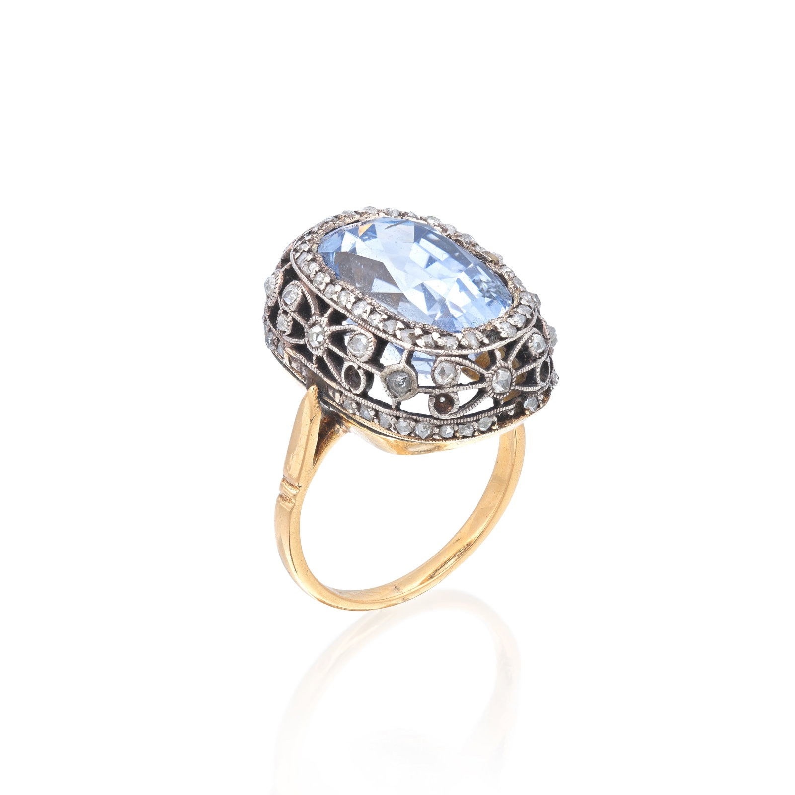 SAPPHIRE AND DIAMOND-SET RING: SAPPHIRE AND DIAMOND-SET RING The cushion-cut sapphire to a pierced openwork gallery set with rose-cut diamonds, French assay mark, ring size approx. J½ Footnotes: GCS: Sapphire of Sri Lankan ori