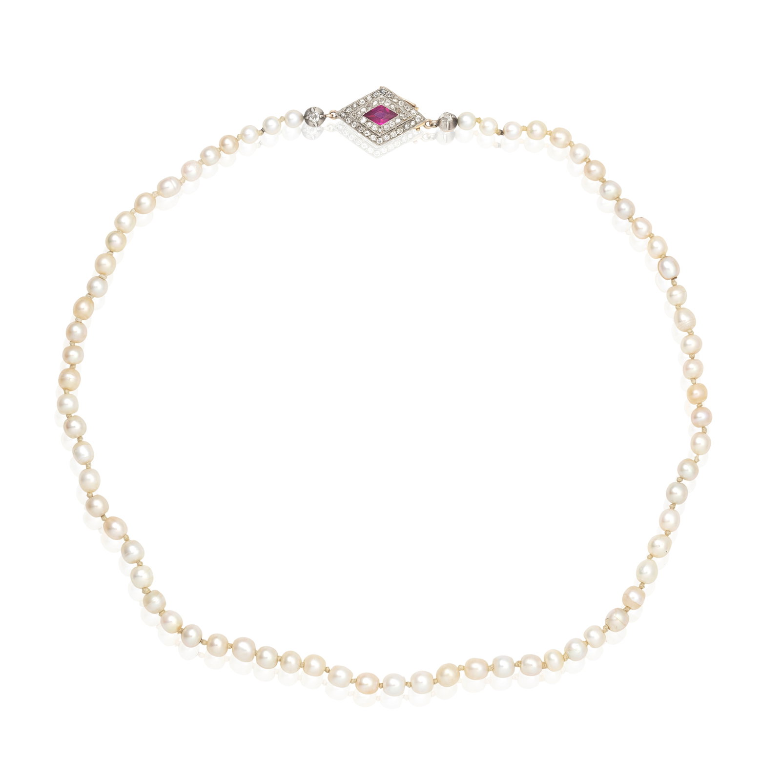 NATURAL PEARL NECKLACE: NATURAL PEARL NECKLACE The 4.5-5.9mm natural pearls to a rhombic-shaped clasp comprising a marquise-cut ruby and old single-cut diamonds, seven pearls identified as beaded cultured, length 48.0cm