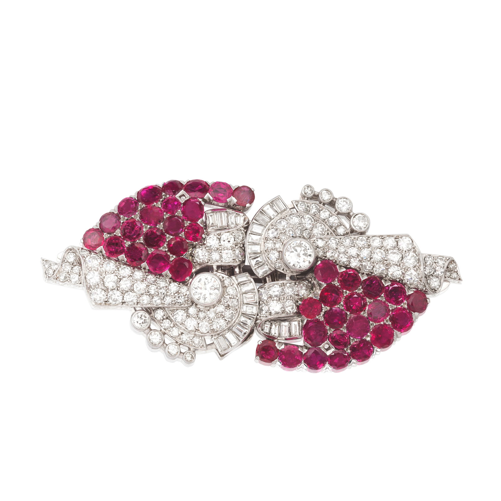 RUBY AND DIAMOND DOUBLE CLIP BROOCH, CIRCA 1930: RUBY AND DIAMOND DOUBLE CLIP BROOCH, CIRCA 1930 The stylised cornucopias asymmetrically set with circular-cut rubies and baguette, brilliant and single-cut diamonds, diamonds approx. 4.95cts total,