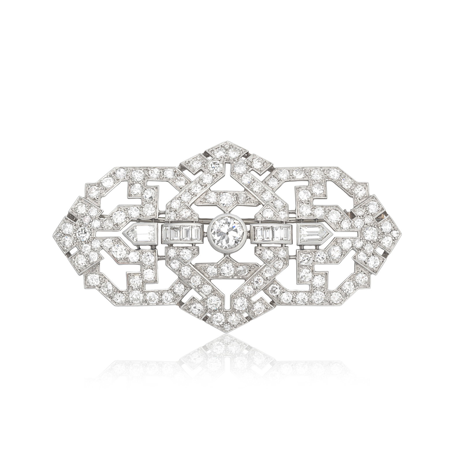 DIAMOND-SET BROOCH, CIRCA 1940: DIAMOND-SET BROOCH, CIRCA 1940 Of openwork geometric form, set throughout with old brilliant and baguette-cut diamonds, French assay mark, French workshop mark, diamonds approx. 6.80cts total, length
