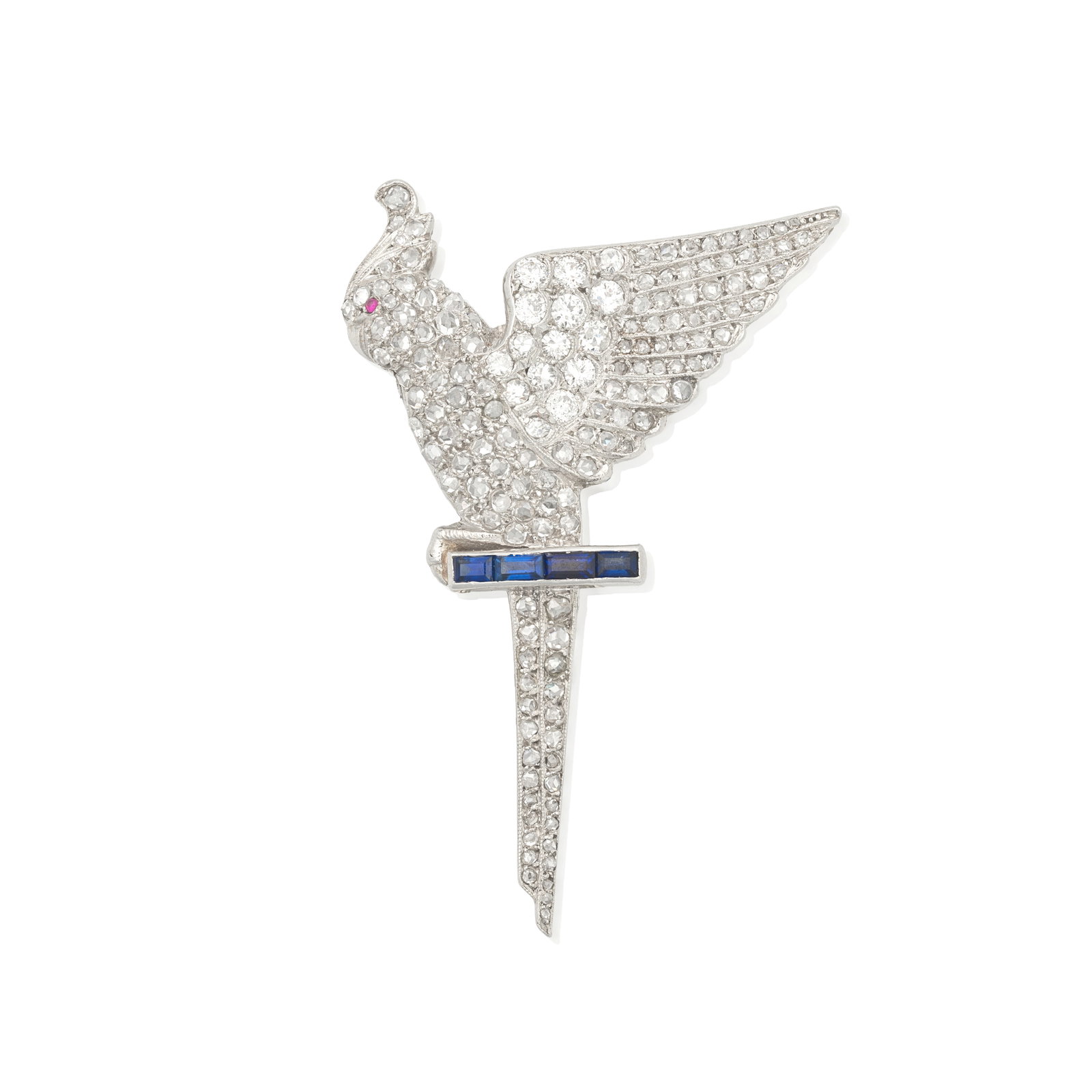 DIAMOND AND SAPPHIRE PARROT CLIP, CIRCA 1925: DIAMOND AND SAPPHIRE PARROT CLIP, CIRCA 1925 Realistically modelled as a cockatoo, the crest, body and wings set throughout with rose and old brilliant-cut diamonds, with ruby cabochon eyes, perched