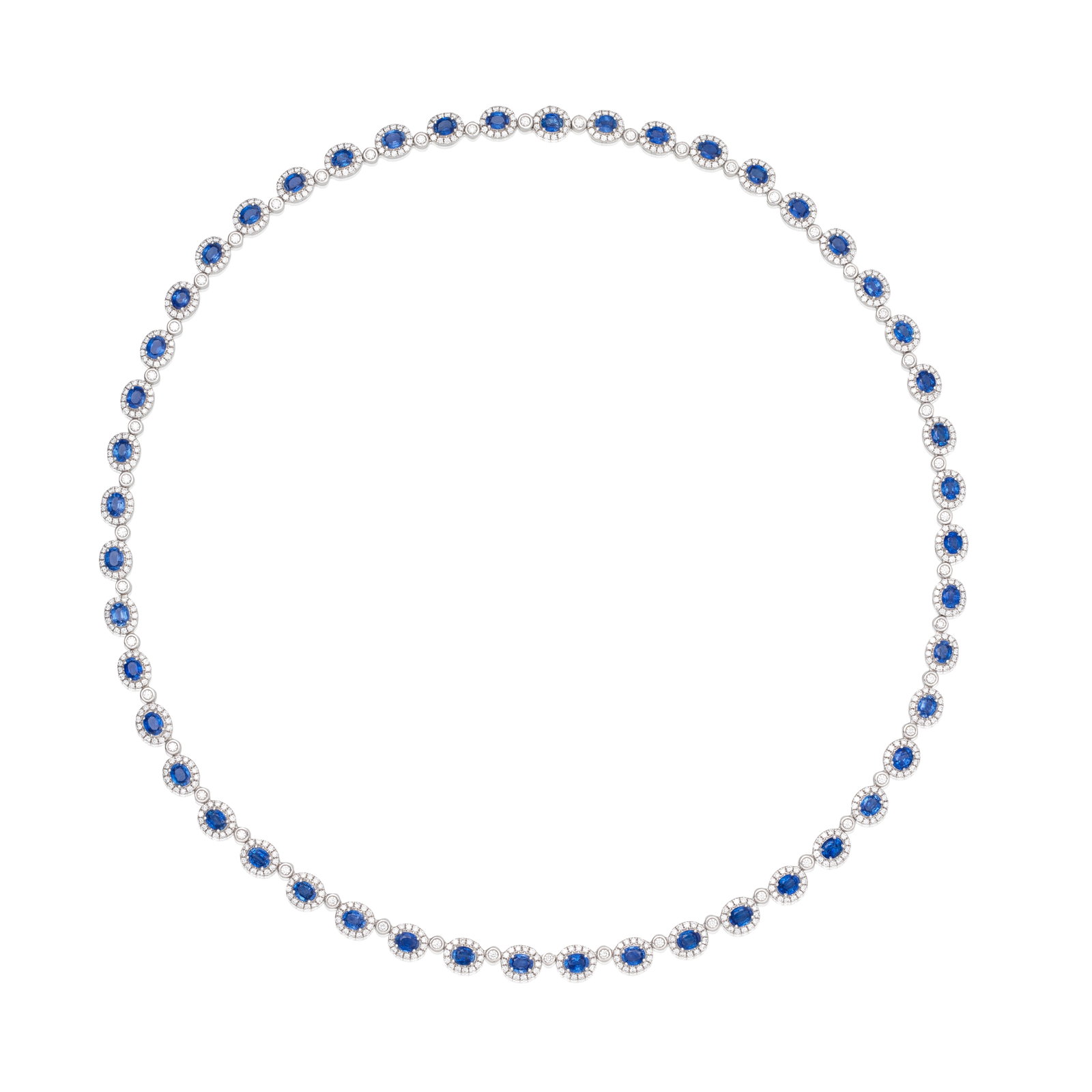 HARLE PARIS: SAPPHIRE AND DIAMOND CLUSTER NECKLACE,: HARLE PARIS: SAPPHIRE AND DIAMOND CLUSTER NECKLACE, Comprising oval-cut sapphire and brilliant-cut diamond clusters, each of slight graduation in size towards the centre, between further brilliant-cut
