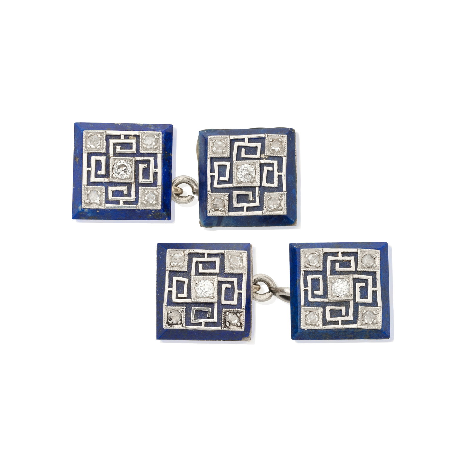 LAPIS LAZULI AND DIAMOND-SET CUFFLINKS, CIRCA 1920: LAPIS LAZULI AND DIAMOND-SET CUFFLINKS, CIRCA 1920 Each square face of lapis lazuli accented with geometric wirework detailing, set with rose-cut diamonds, French marker's mark, French assay mark,
