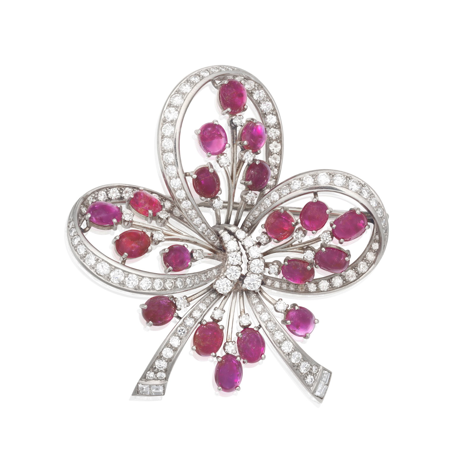 RUBY AND DIAMOND RIBBON BROOCH: RUBY AND DIAMOND RIBBON BROOCH The stylised ribbon of openwork form, set throughout with brilliant-cut diamonds, with sprays of cabochon-cut rubies, diamonds approx. 5.75cts total, length 6.8cm Footno