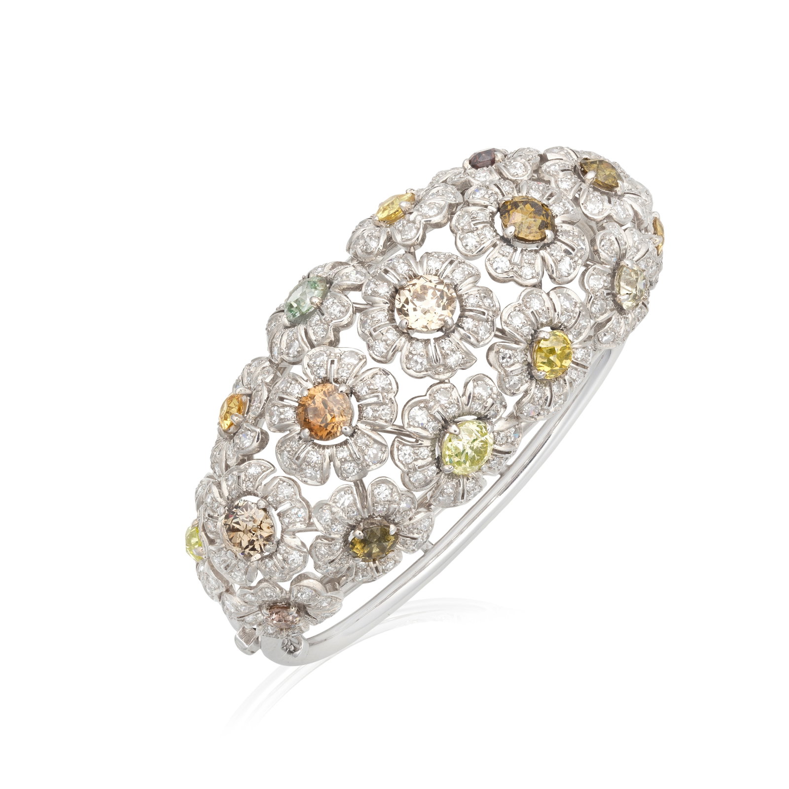 DIAMOND AND COLOURED DIAMOND BANGLE: DIAMOND AND COLOURED DIAMOND BANGLE Composed of flowerheads set with old brilliant-cut diamonds of various tints, within old single-cut diamond petal surrounds, coloured diamonds approx. 8.00cts
