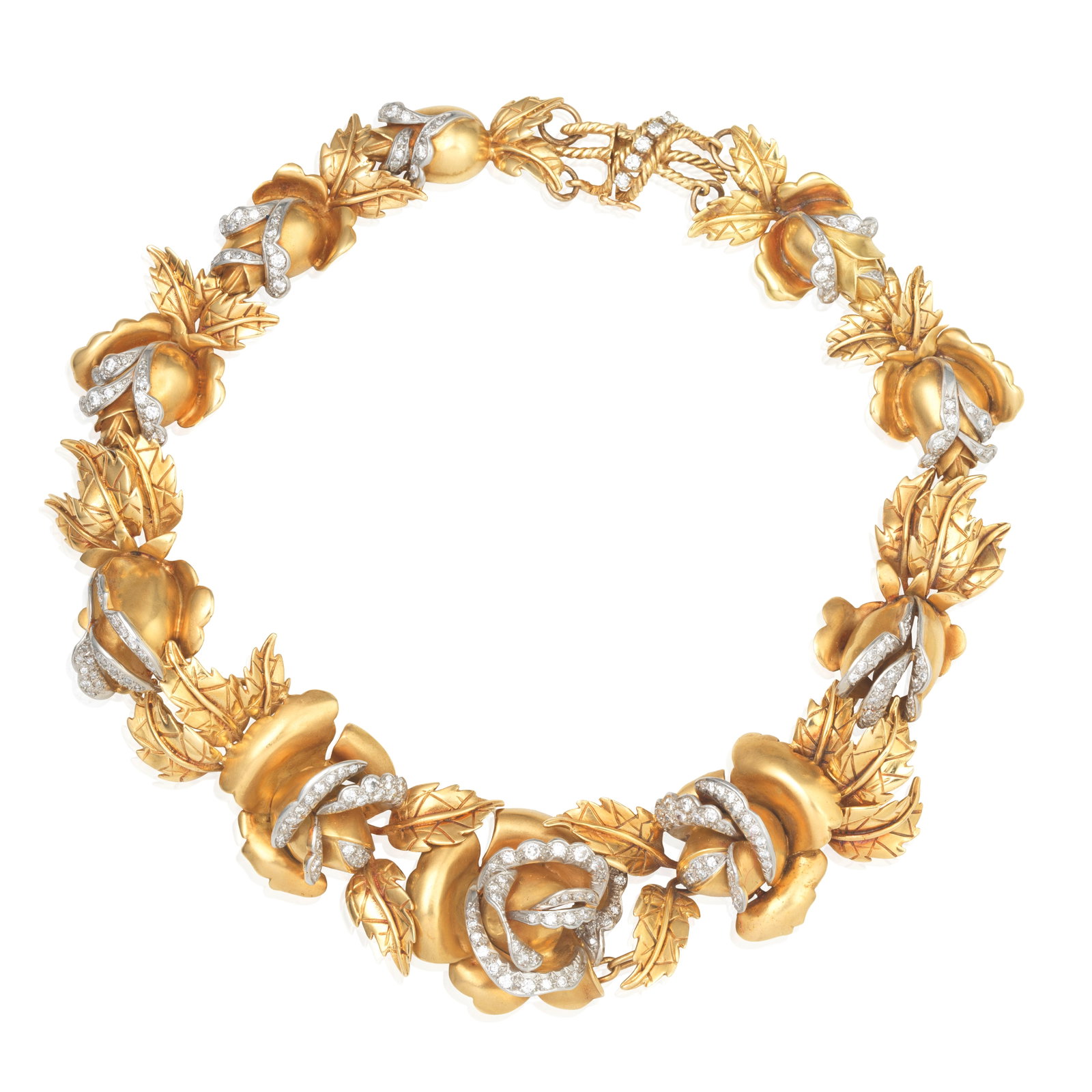 DIAMOND-SET NECKLACE: DIAMOND-SET NECKLACE Designed as a series of stylised rose heads graduating in size towards the centre, each rose accented with brilliant-cut diamonds, diamonds approx. 3.30cts total, length 34.2cm