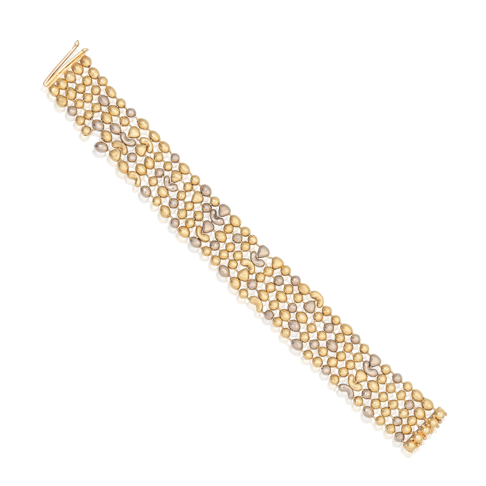 CHARLES DE TEMPLE: GOLD BRACELET, 1987: CHARLES DE TEMPLE: GOLD BRACELET, 1987 The bi-coloured 18 carat gold bracelet of abstract mesh linking, signed C de T, London hallmark, length 19.0cm, maker's pouch Footnotes: Property of a Lady Lots 