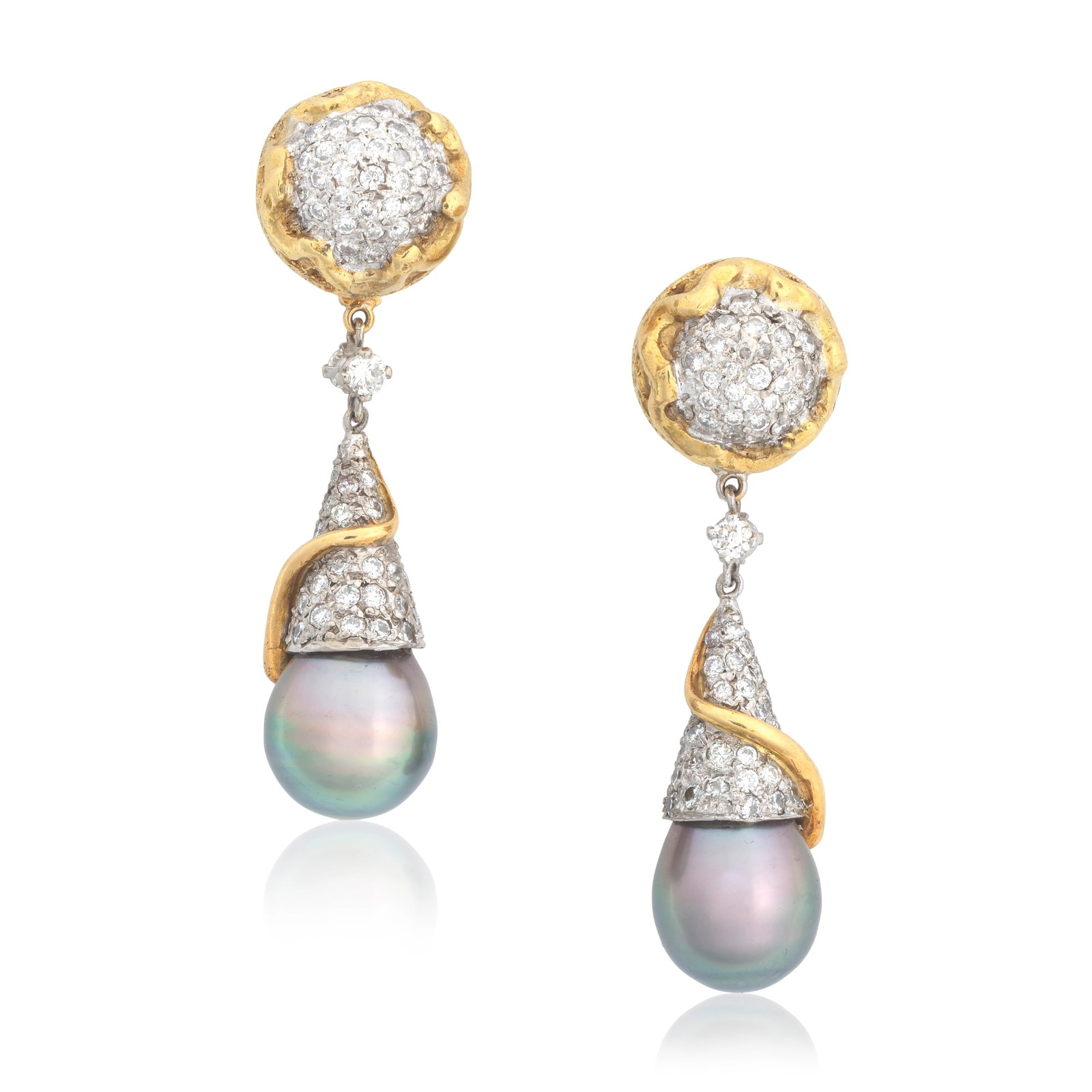CULTURED PEARL AND DIAMOND PENDENT EARRINGS: CULTURED PEARL AND DIAMOND PENDENT EARRINGS Each cluster of brilliant-cut diamonds to a textured surround, suspending a cultured pearl of grey tint beneath a brilliant-cut diamond cap, unsigned,