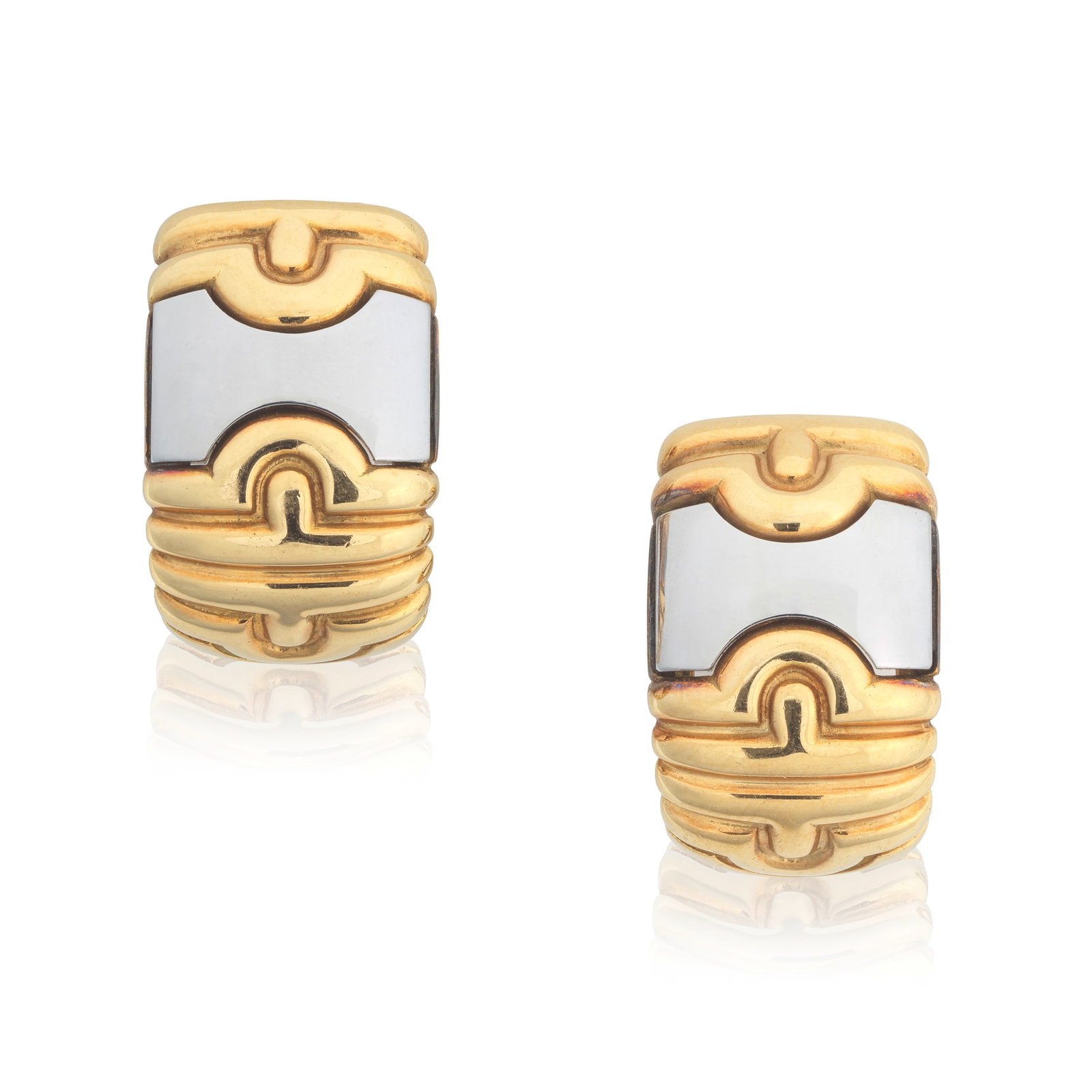 BULGARI 'PARENTESI' EARRINGS: BULGARI 'PARENTESI' EARRINGS Of bicoloured geometric design, signed Bulgari, length 2.0cm, maker's pouch For further information on this lot please visit Bonhams.com