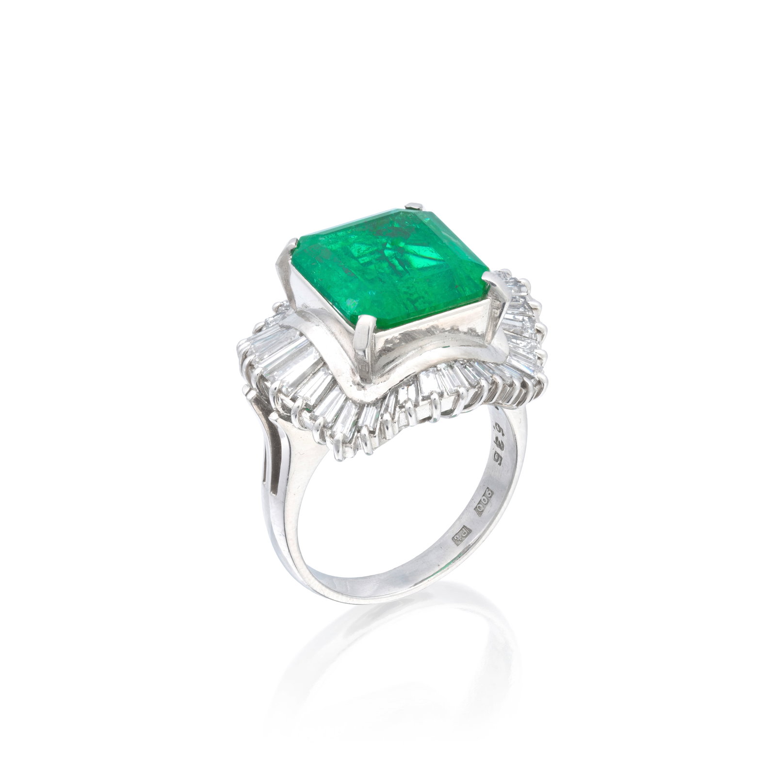EMERALD AND DIAMOND CLUSTER RING: EMERALD AND DIAMOND CLUSTER RING The step-cut emerald weighing 5.31 carats, to an undulating surround of baguette-cut diamonds, diamonds approx. 1.80cts total, ring size approx. L Footnotes: GRS: Emer