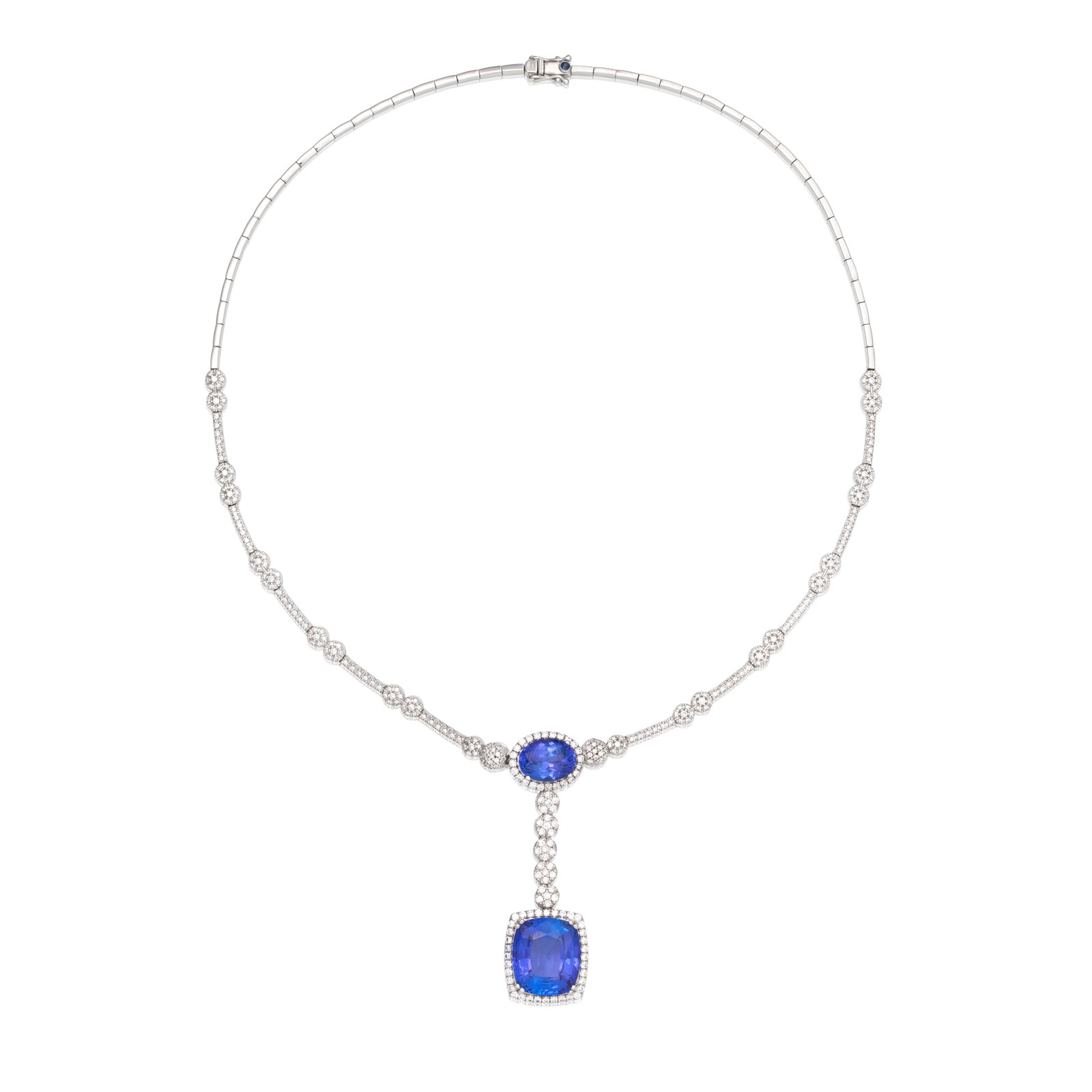 TANZANITE AND DIAMOND NECKLACE: TANZANITE AND DIAMOND NECKLACE Set with an oval and cushion-cut tanzanite drop, diamonds approx. 1.85cts total, length 44.0cm, drop length 5.3cm For further information on this lot please visit