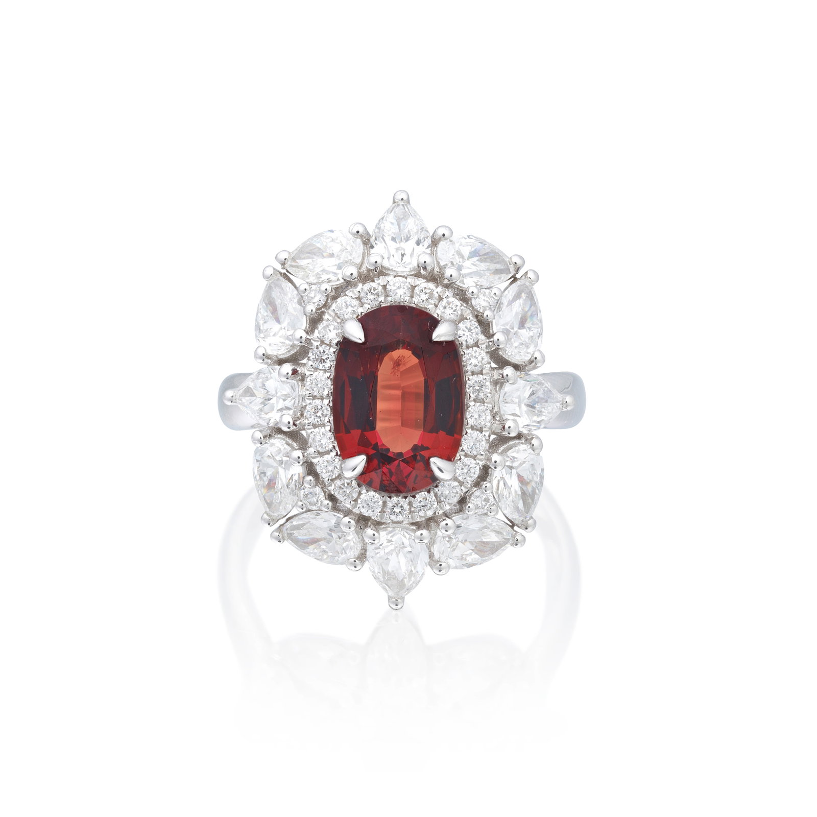 SPINEL AND DIAMOND CLUSTER RING: SPINEL AND DIAMOND CLUSTER RING The oval-cut spinel weighing 2.19 carats, within a surround of pear and brilliant-cut diamonds, diamonds approx. 2.20cts total, ring size approx. L½ Footnotes: GIA