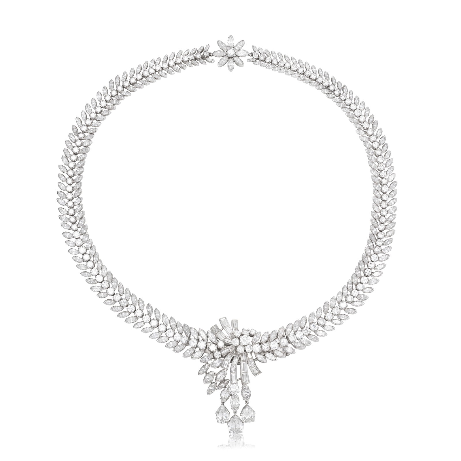DIAMOND-SET COLLAR NECKLACE, CIRCA 1970: DIAMOND-SET COLLAR NECKLACE, CIRCA 1970 The necklace comprising brilliant and marquise-cut diamonds, graduating inwardly in size, the spray centrepiece comprising baguette and marquise-cut diamonds,