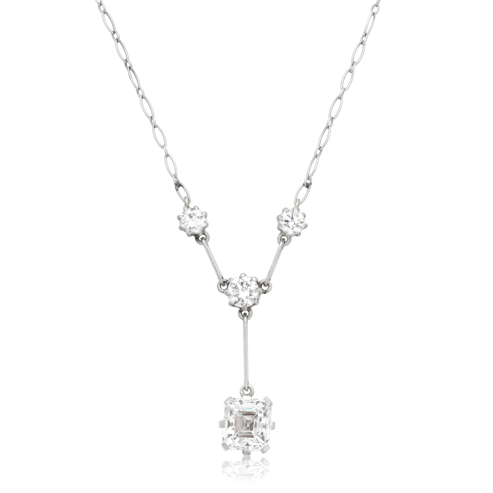 DIAMOND-SET NECKLACE: DIAMOND-SET NECKLACE The principal Asscher-cut diamond weighing 2.46 carats, to a surmount of brilliant-cut diamonds, via knife wire linking, length 43.1cm For further information on this lot please