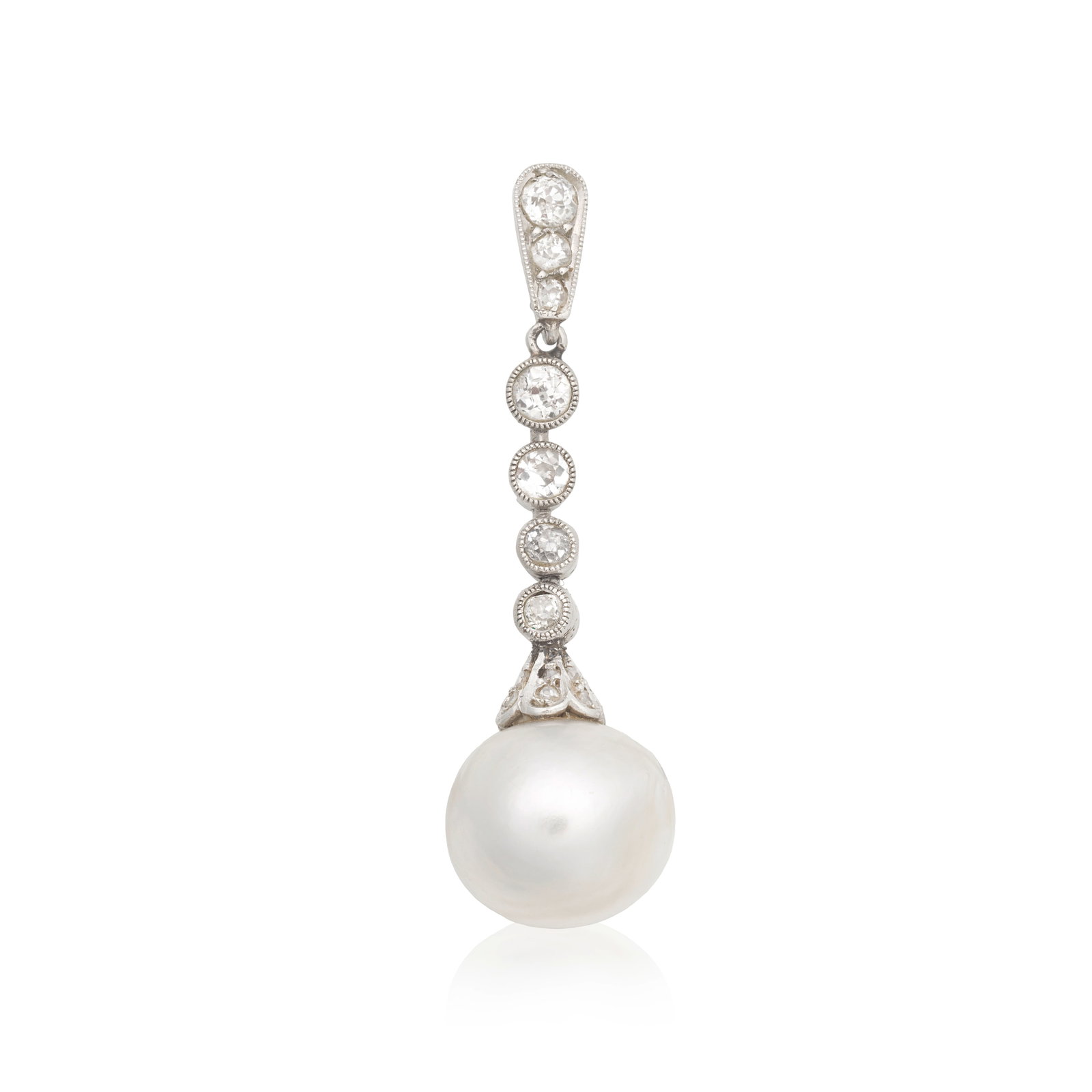 NATURAL PEARL AND DIAMOND PENDANT: NATURAL PEARL AND DIAMOND PENDANT Designed as a series of old single-cut diamonds terminating in a natural pearl, length 3.5cm Footnotes: Laboratoire Français de Gemmologie: Natural pearl