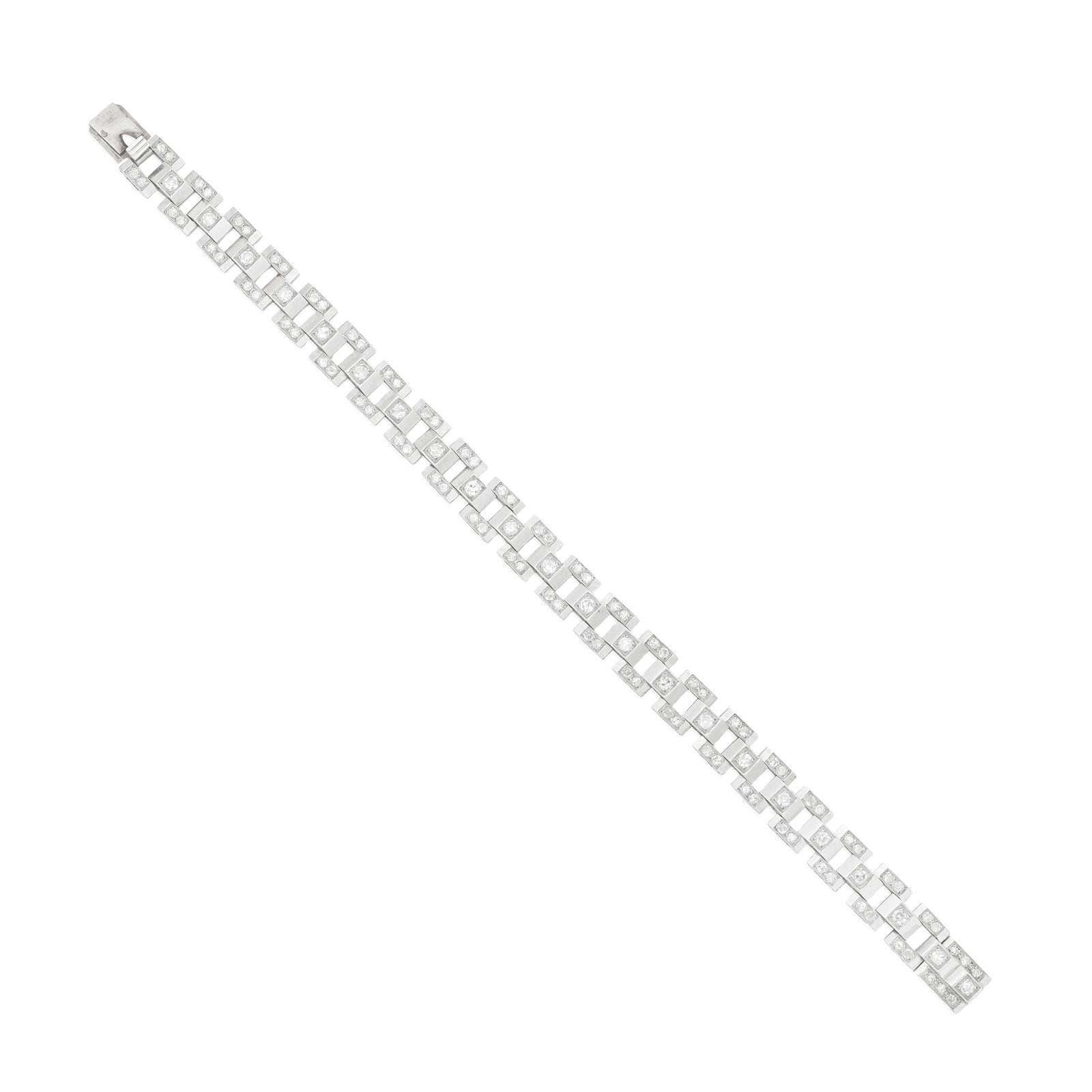 DIAMOND ESCALIER BRACELET, FRENCH, CIRCA 1940: DIAMOND ESCALIER BRACELET, FRENCH, CIRCA 1940 The faceted and articulating links accented by old single-cut diamonds, maker's mark BA for Boghos Alianakian, French assay mark, diamonds approx.