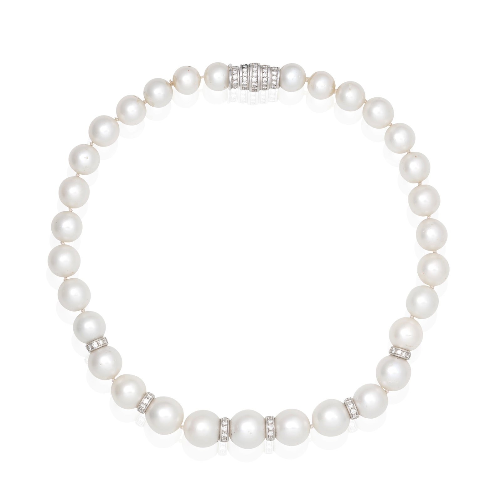 CULTURED PEARL AND DIAMOND-SET NECKLACE: CULTURED PEARL AND DIAMOND-SET NECKLACE The 11.6-15.5mm cultured pearls accented by brilliant-cut diamond-set rondelle spacers, diamonds approx. 3.60cts total, length 46.5cm For further information