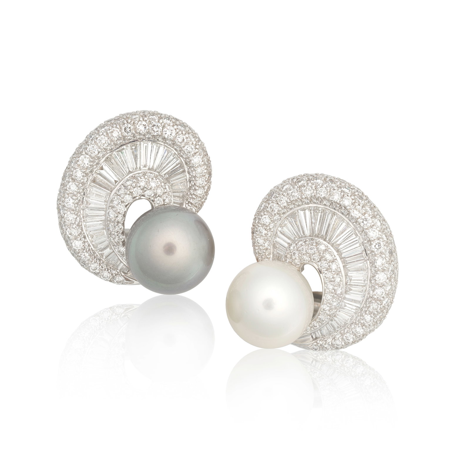 CULTURED PEARL AND DIAMOND EARRINGS: CULTURED PEARL AND DIAMOND EARRINGS Of scroll design, each set with a cultured pearl to a surround of tapered baguette and brilliant-cut diamonds, diamonds approx. 5.50cts total, length 2.6cm For