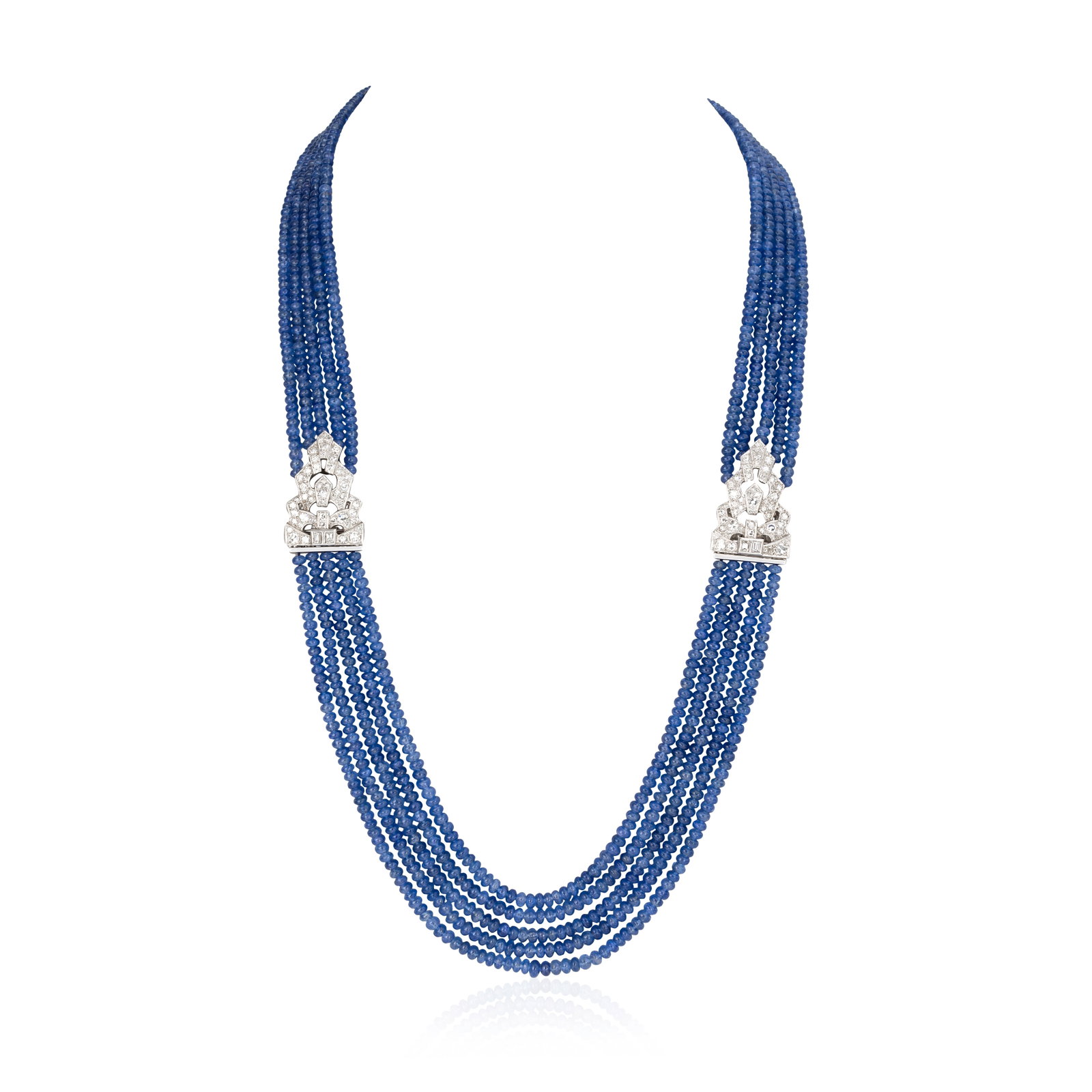 SAPPHIRE AND DIAMOND NECKLACE/DOUBLE-CLIP BROOCH COMBINATION (2): SAPPHIRE AND DIAMOND NECKLACE/DOUBLE-CLIP BROOCH COMBINATION The four strands of 2.0mm - 4.0mm sapphire beads issuing from a brilliant and single-cut diamond clasp, accented by a pair of Art Deco
