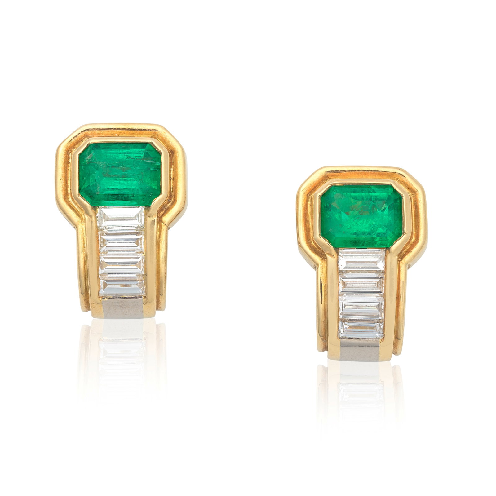EMERALD AND DIAMOND EARRINGS: EMERALD AND DIAMOND EARRINGS Each set with a step-cut emerald accented by a series of baguette-cut diamonds, diamonds approx. 0.85ct total, length 1.6cm For further information on this lot please