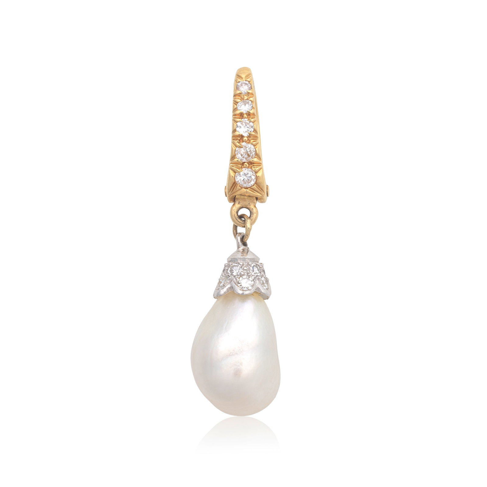 NATURAL PEARL AND DIAMOND PENDANT: NATURAL PEARL AND DIAMOND PENDANT The drop-shaped natural pearl, suspended from a brilliant-cut diamond surmount via a single-cut diamond cap, length 3.5cm Footnotes: Property from a Private